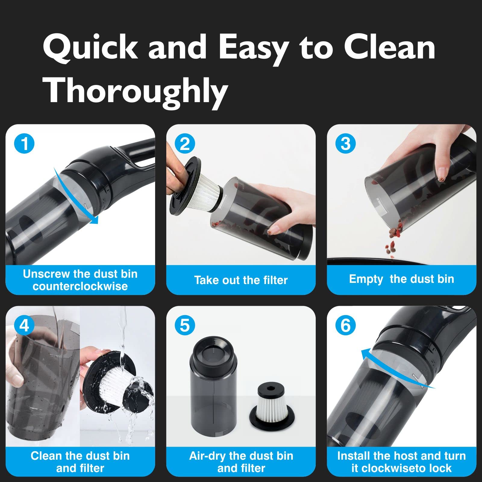 MOCA 9500PA High Power Cordless Car Vacuum Cleaner - Portable USB Rechargeable Handheld Vacuum for Wet & Dry Cleaning - Compact Design for Home, Car, Narrow Spaces (Black) | Perfect for Pet Hair, Crumbs, and Quick Spill Cleanup