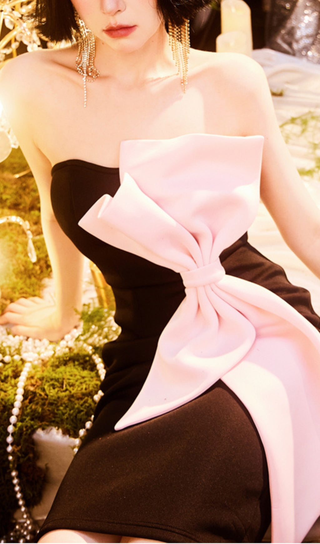 Elegant 3D Big Bow Strapless Midi Dress in Black - Perfect for Weddings, Parties & Special Occasions