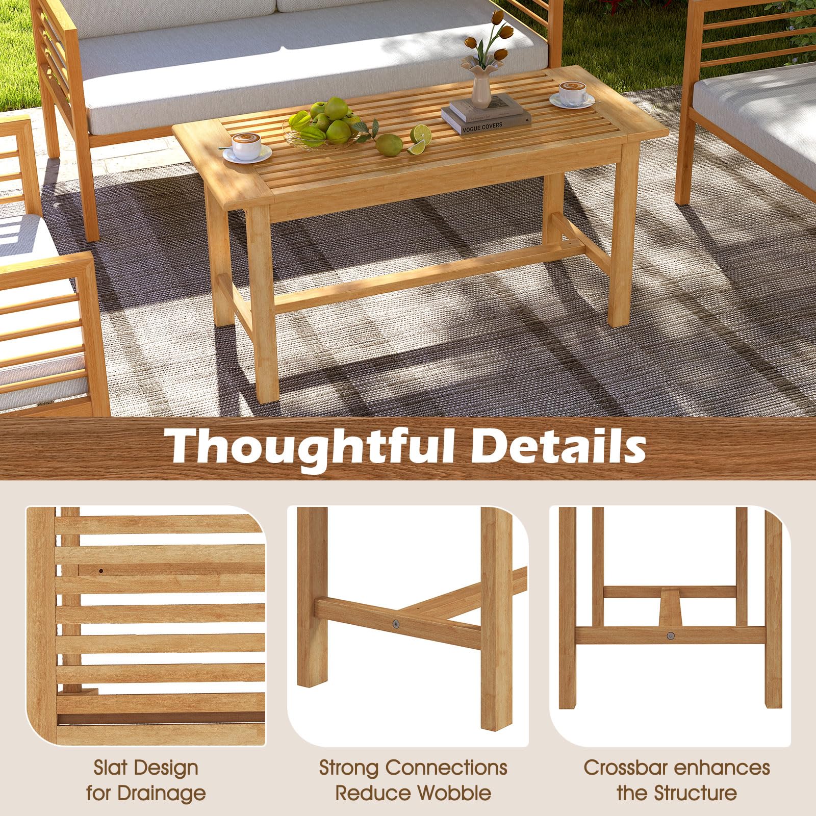 Tangkula 36 Inch Solid Teak Wood Outdoor Coffee Table - Rustic Rectangular Patio Table with Slatted Tabletop - Durable Cocktail & Side Table for Poolside, Backyard, Garden, Deck & Patio Furniture