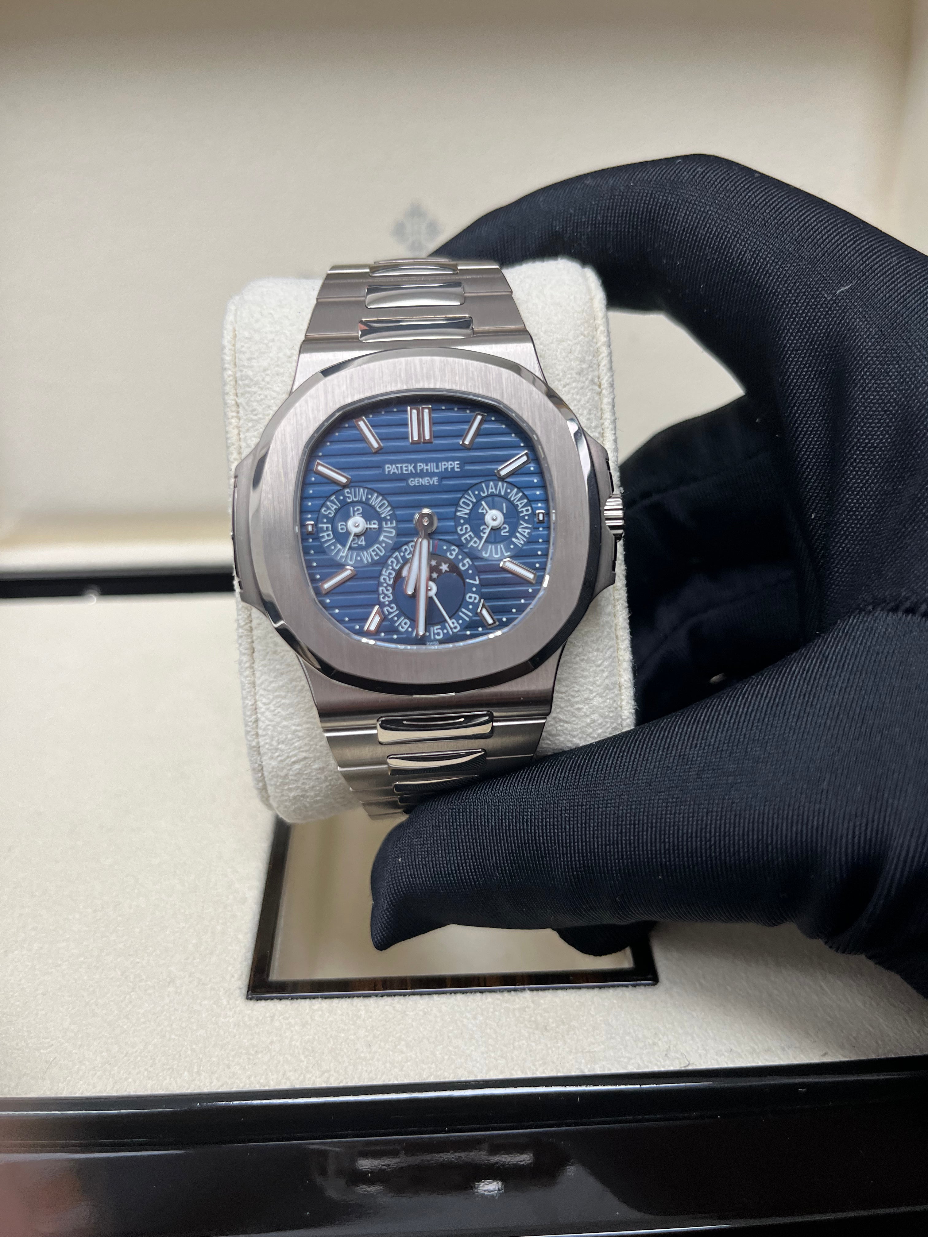 Patek Philippe Nautilus Perpetual Calendar Watch - 18K White Gold Case, Blue Sunburst Dial (Ref#5740/1G-001) | Luxury Swiss Timepiece for Men, Business Meetings & Special Occasions