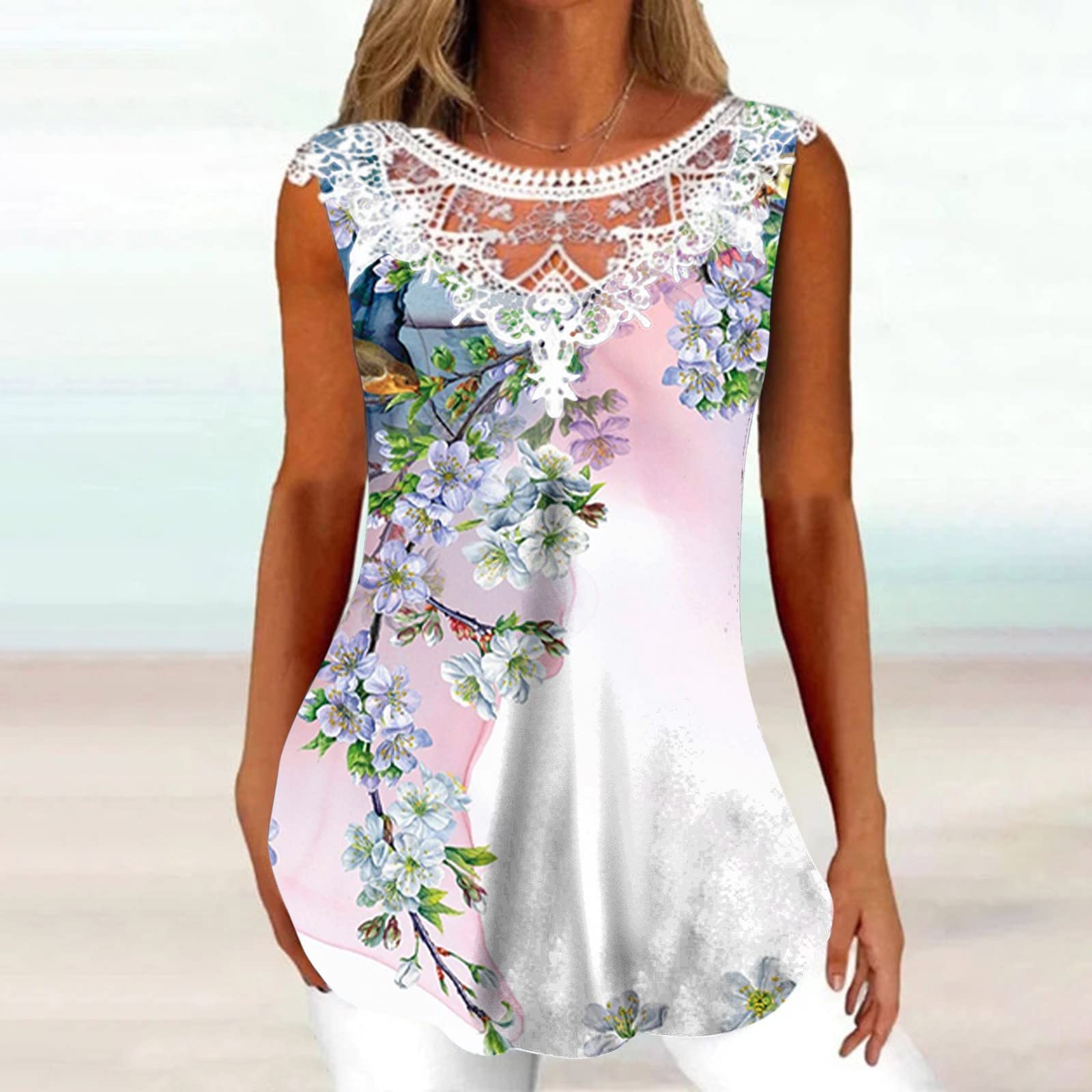 Oelaio Women's Lace Summer Tank Tops - Loose Fit Scoop Neck Sleeveless Hollow Out Blouse with Trendy Floral Print in Soft Pink | Perfect for Beach, Vacation & Casual Outfits