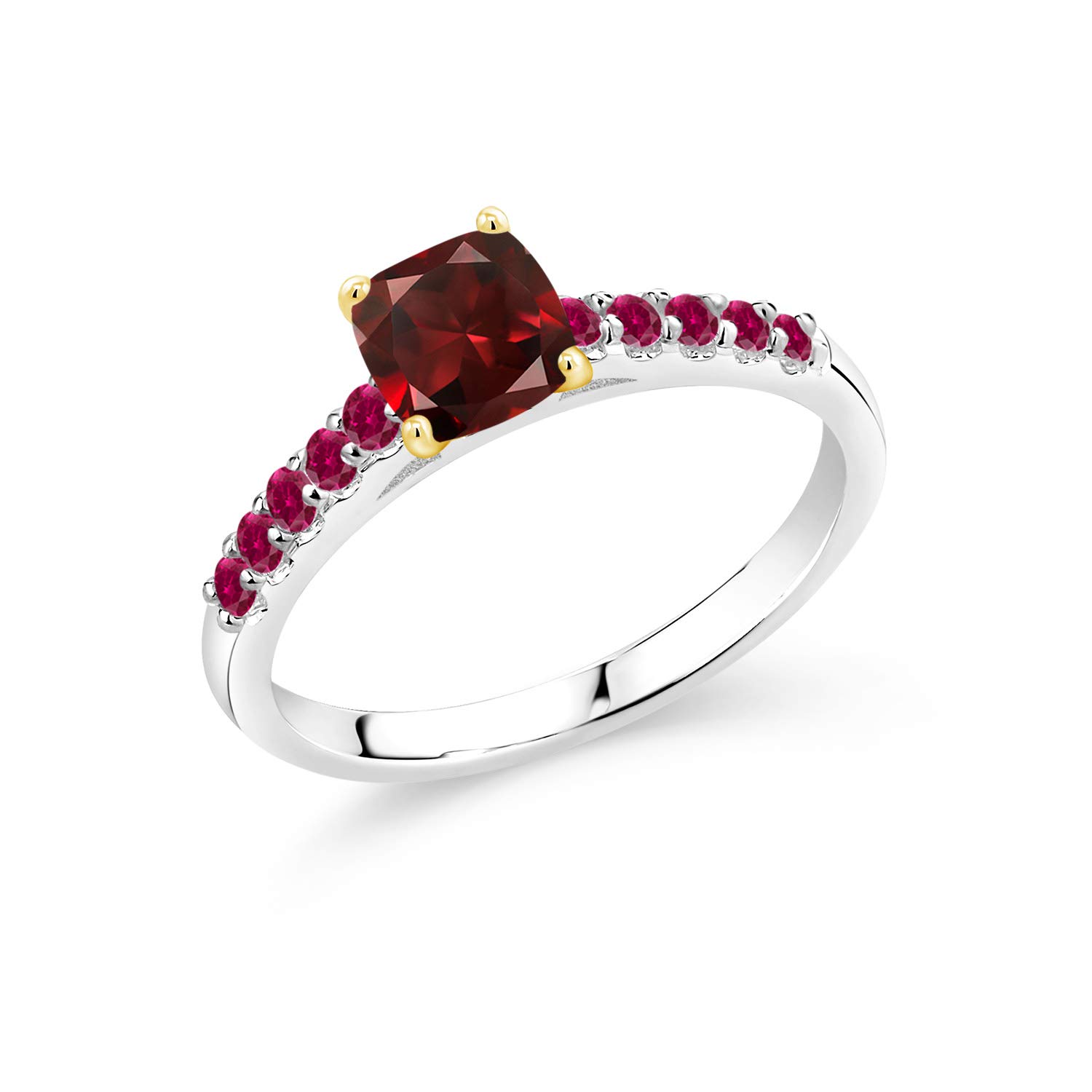 1.30 Ct Red Garnet & Created Ruby 10K White Gold Ring with Yellow Gold Prongs - Elegant Gemstone Jewelry for Women, Perfect for Engagement, Anniversary & Special Occasions