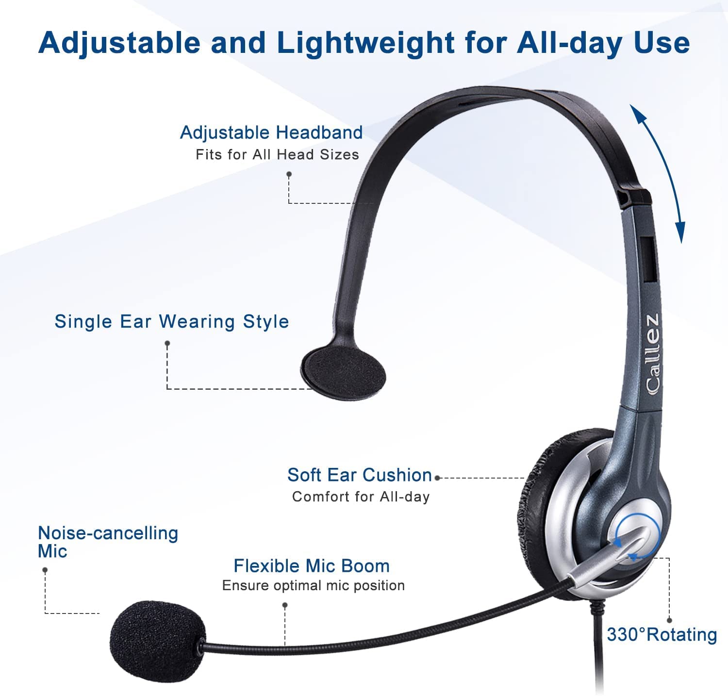 Callez Wired Mono Headset for Call Centers - RJ9 Phone Headset with Noise Canceling Microphone | Compatible with ShoreTel 480, Plantronics T10, Polycom, Zultys, Toshiba, NEC DT300 & Landline Deskphones (C300A2) | Perfect for Office, Customer Service & Remote Work