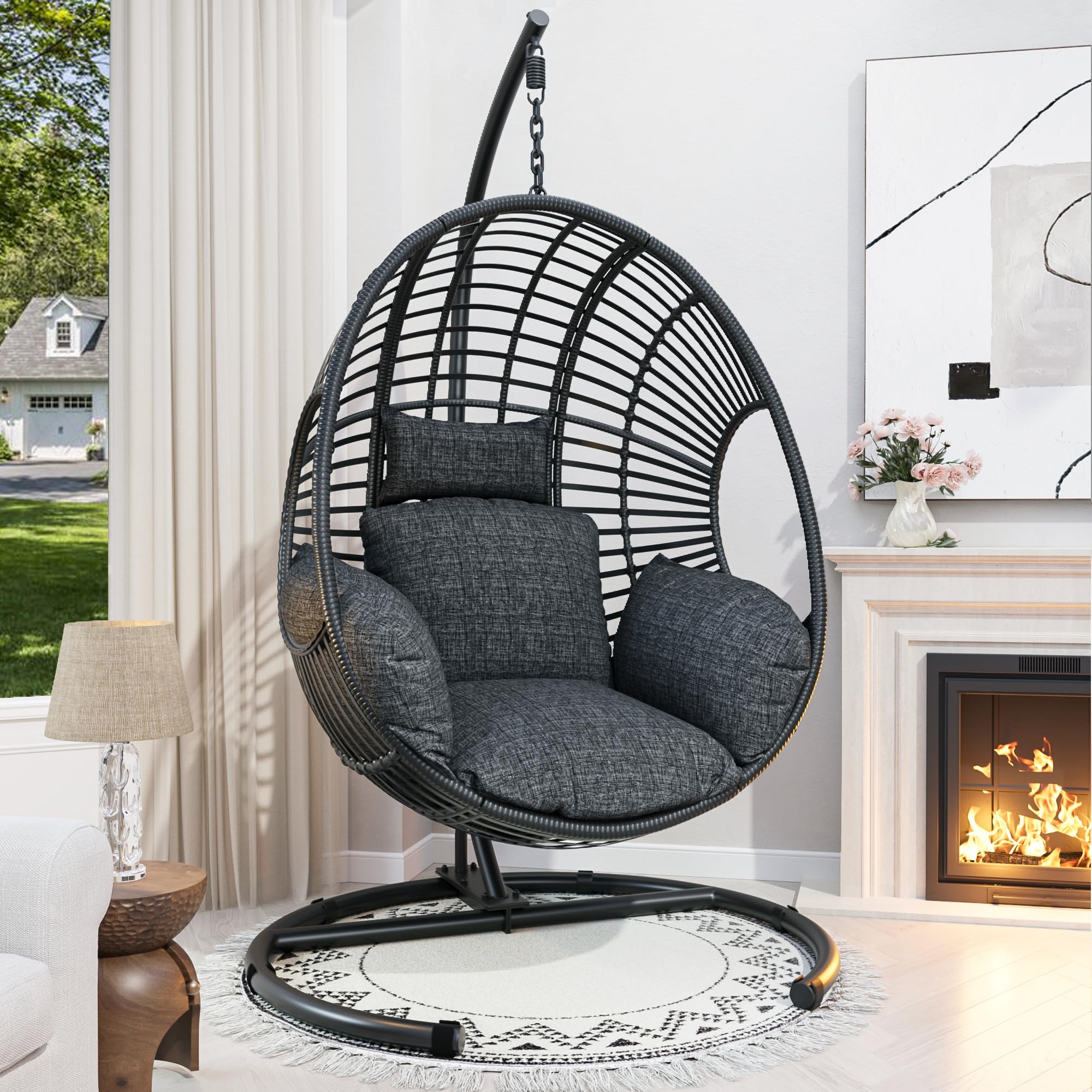 Oversized Hanging Egg Chair - Outdoor Wicker Swing Chair with Stand, Rain Cover & UV-Resistant Cushion (400lbs Capacity) - Perfect for Patio, Garden, Balcony, Backyard Relaxation & Boho Decor