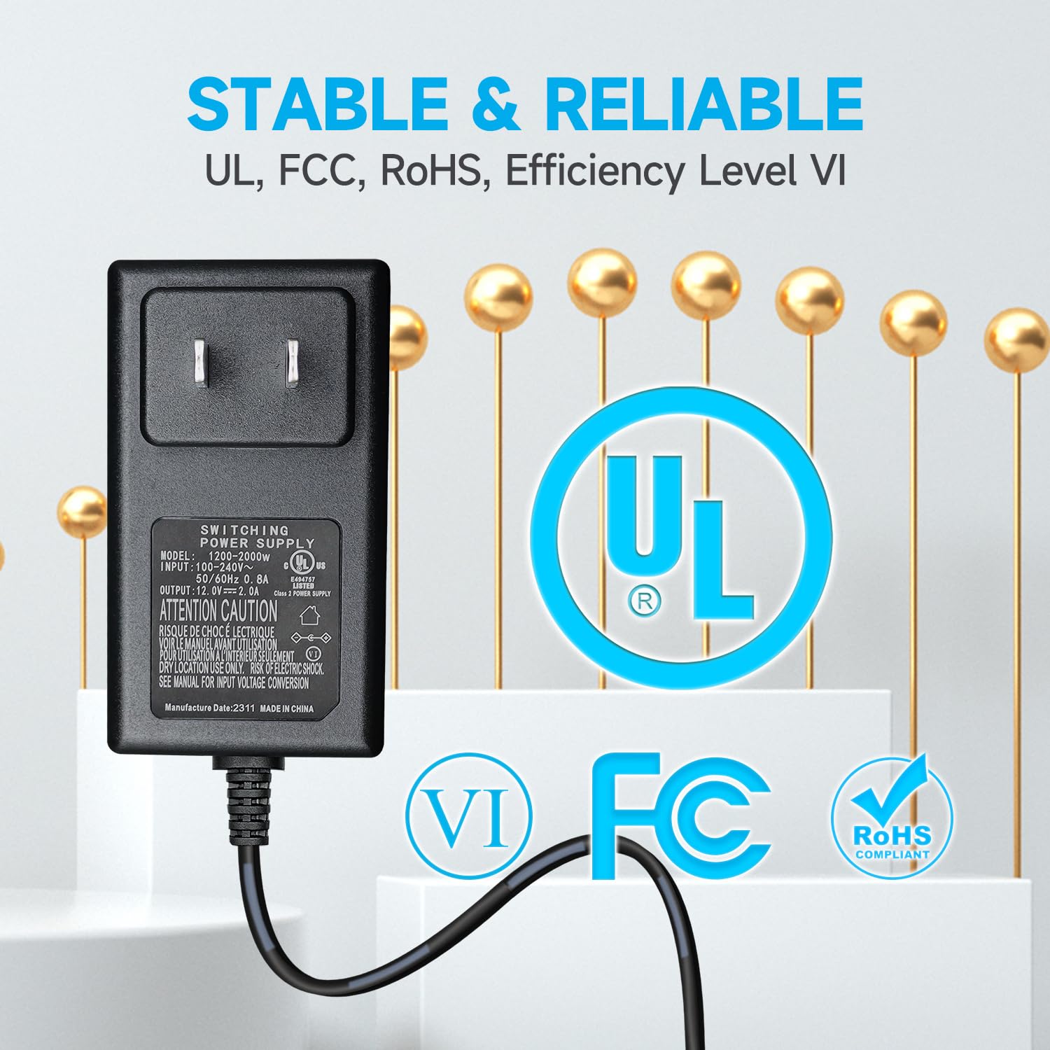 24W Universal Power Adapter 100-240V AC to 12V DC 2A Converter with 4-Port Splitter Cable - Compatible with CCTV Cameras, DVR/NVR Systems, LED Strip Lights - UL FCC CE Certified for Home & Office Security Setup