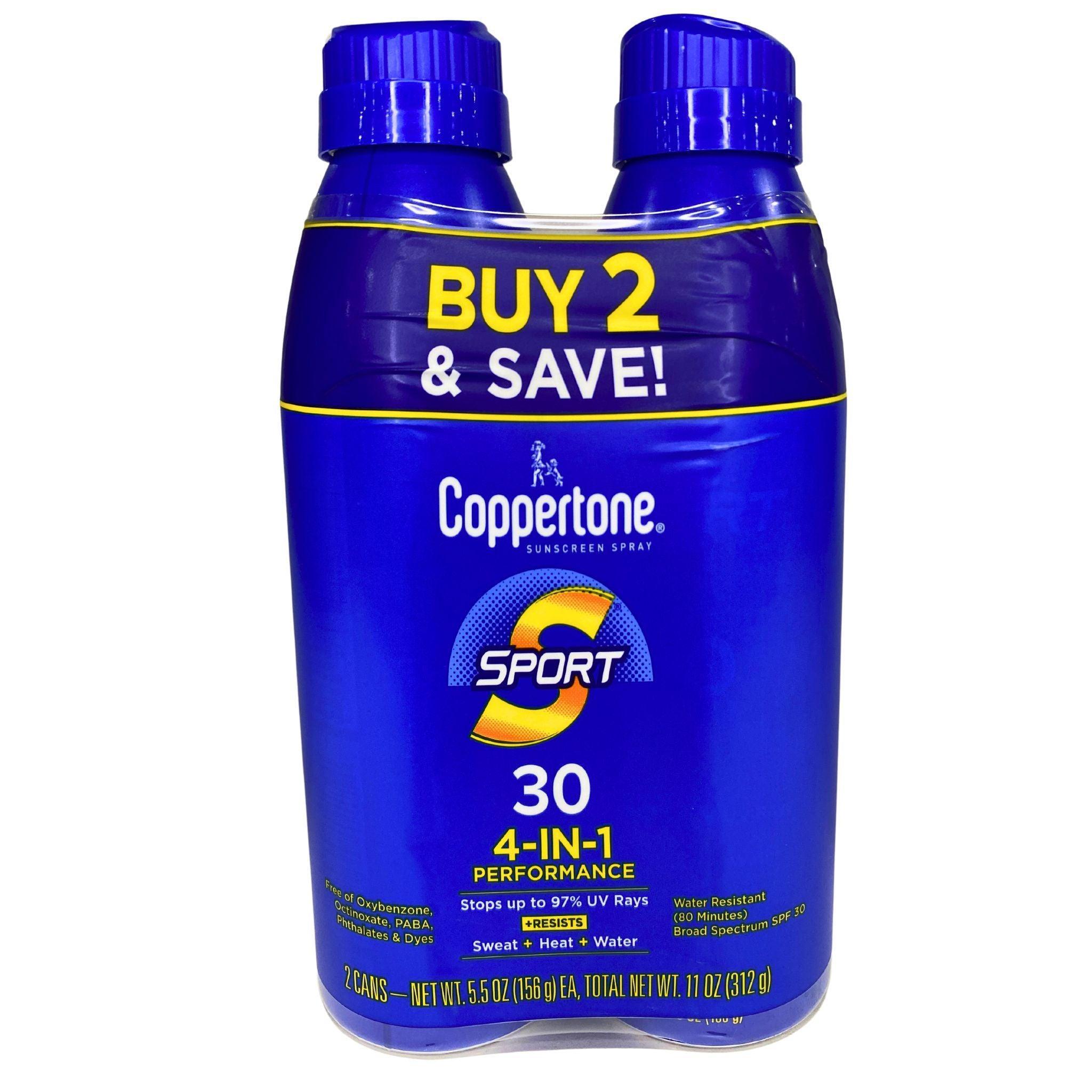 Coppertone Sunscreen Spray Sport 30 SPF 30 - 4 in 1 Performance Twin Pack (11 oz Total, 72 Pack) - Waterproof Sweatproof Sun Protection for Outdoor Activities, Swimming, Beach & Sports