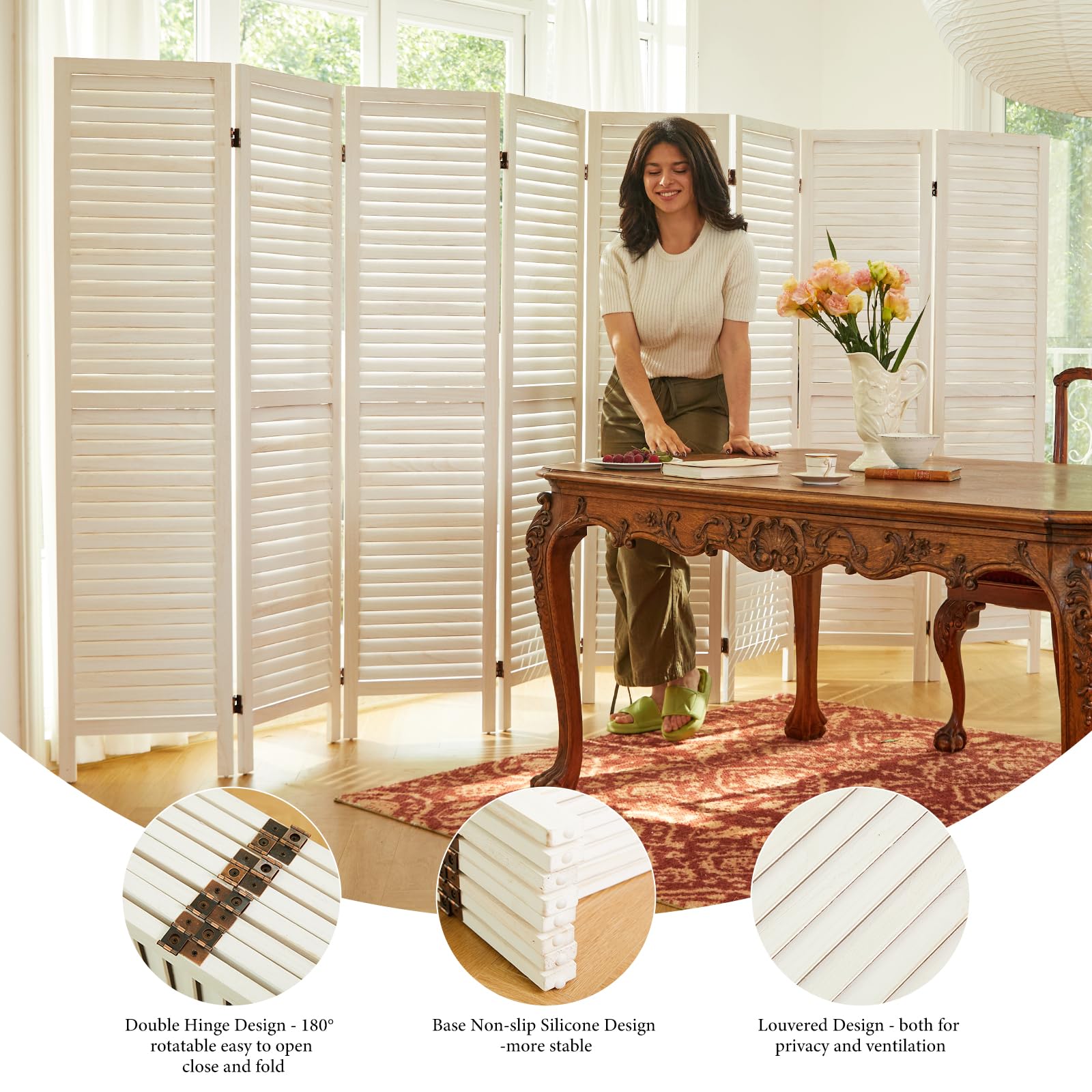 Wooden Room Dividers & Folding Privacy Screens - 8 Panel Louvered Partition Wall for Home Office, Bedroom, Studio - White Washed Finish for Modern Décor & Space Separation