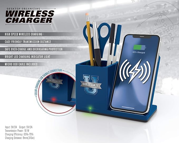 SOAR NCAA Unisex Wireless Charging Stand with Desktop Organizer - Fast Qi Charging Station for iPhone, Samsung & AirPods - Perfect for Office, Home & Dorm Room Organization