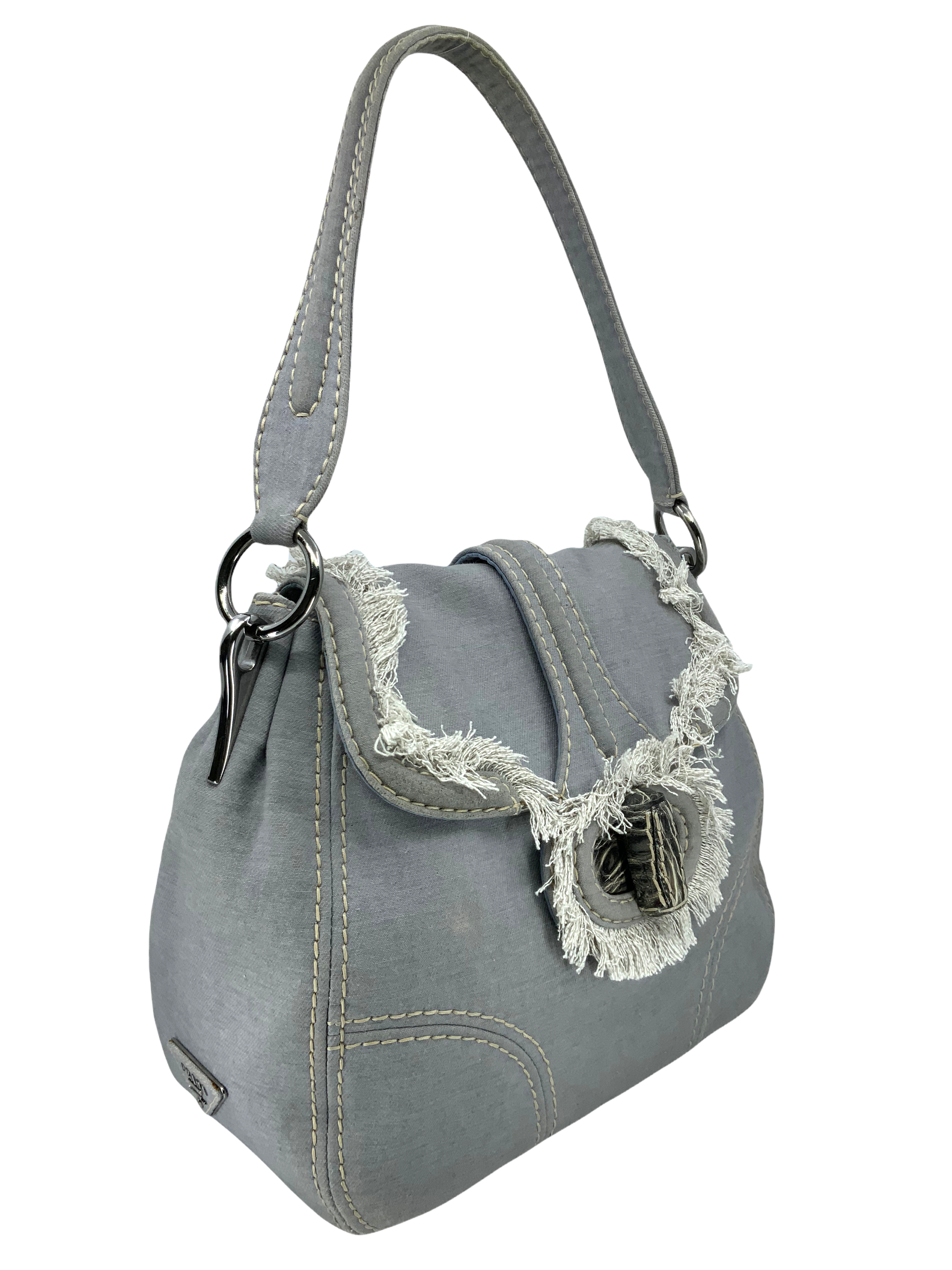 Prada Pattina Sottospalla Denim Fringe Large Flap Shoulder Bag - Stylish Designer Handbag for Women, Perfect for Casual Outings, Parties & Daily Use