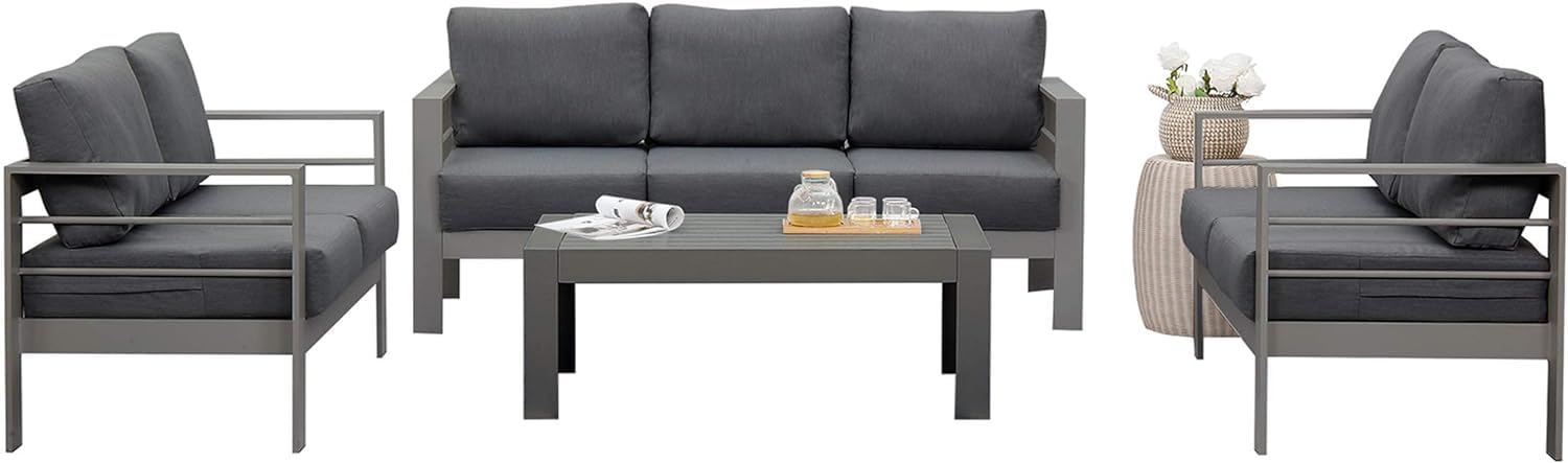 Modern Wisteria Lane Aluminum Outdoor Patio Furniture Set - 5-Piece Dark Grey Metal Sectional Sofa with Cushions & Coffee Table for Balcony, Garden, Poolside & Backyard Relaxation