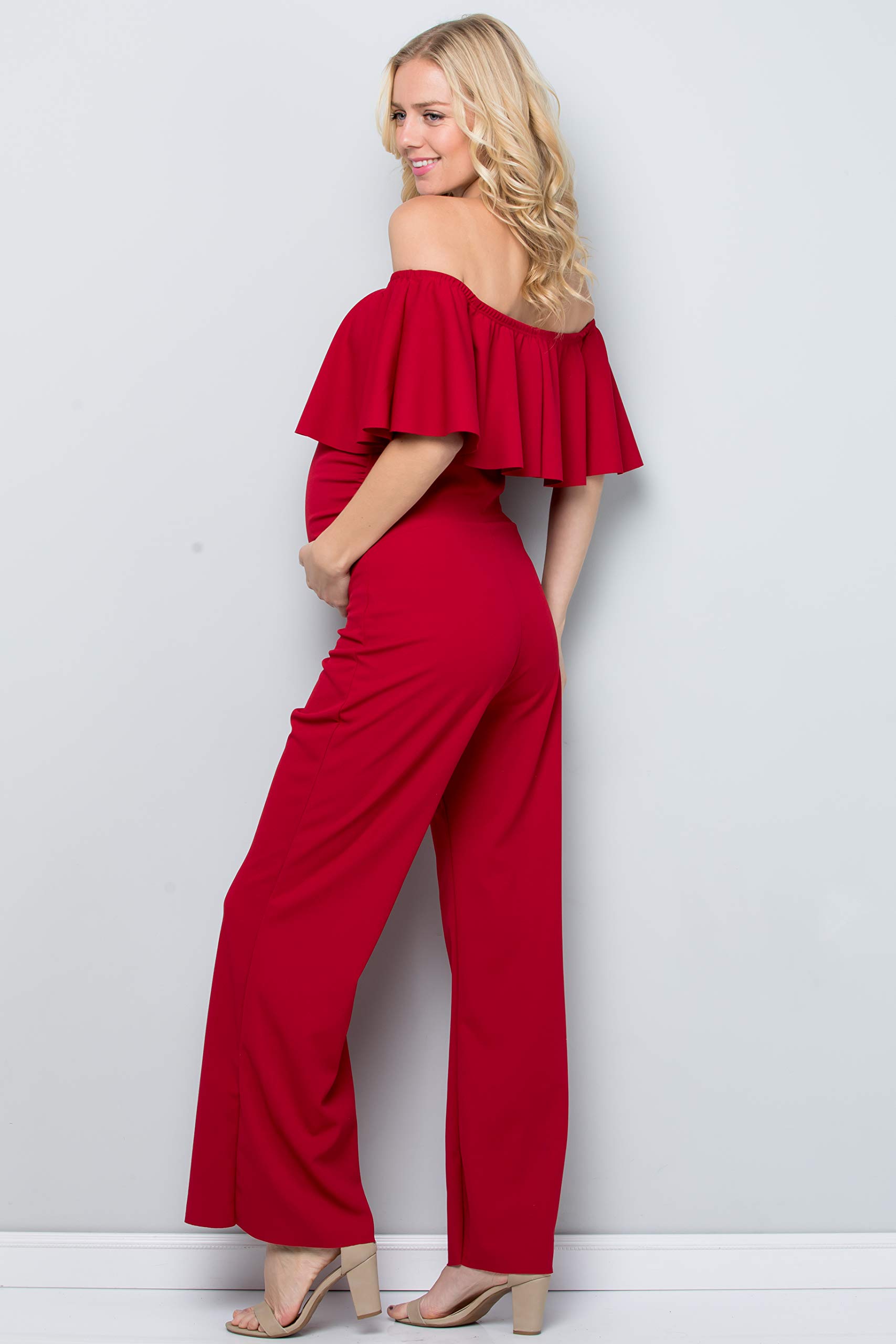 My Bump Maternity Ruffle Off Shoulder Jumpsuit - Made in USA | Comfortable Pregnancy Outfit for Baby Shower, Maternity Photoshoot & Special Occasions