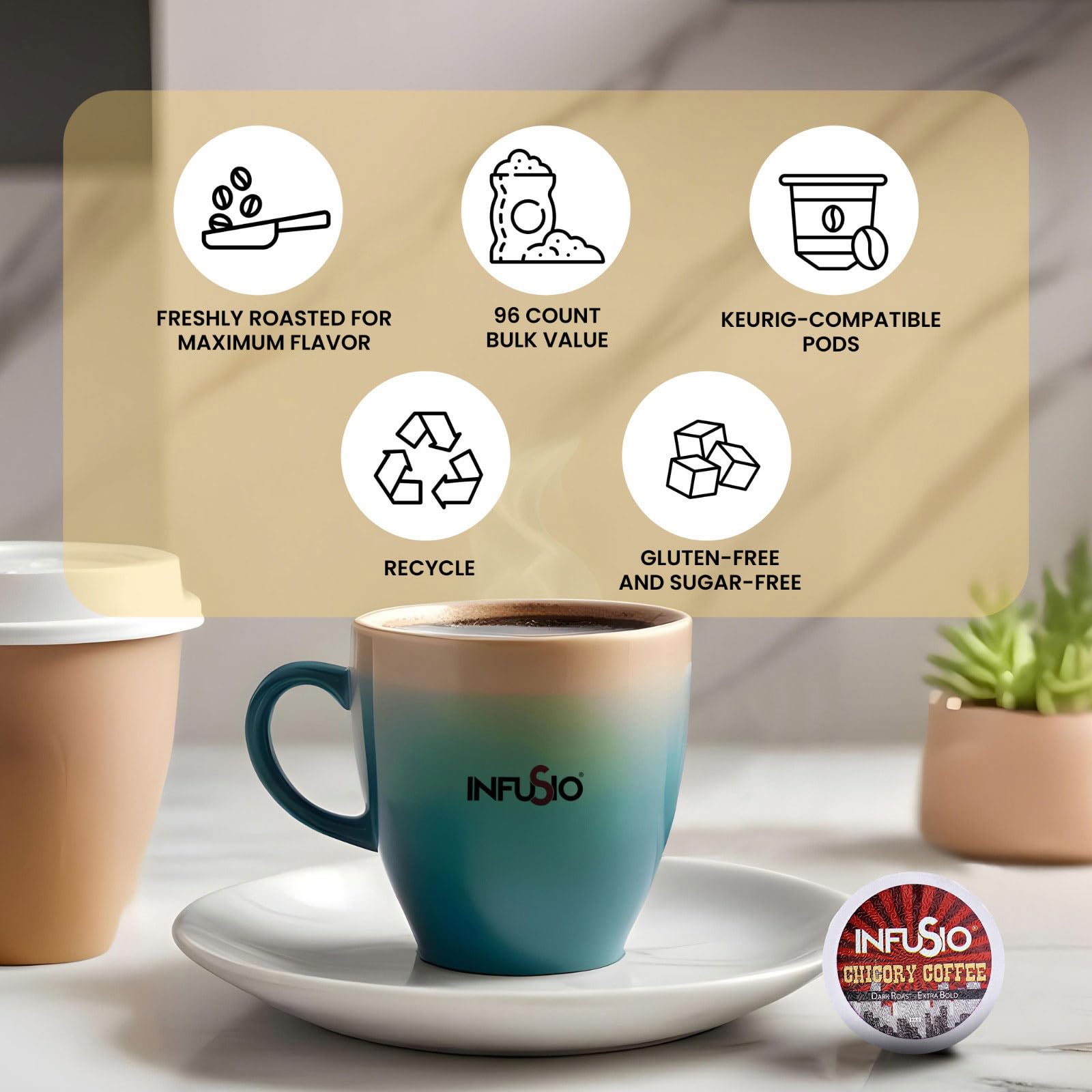InfuSio Chicory Coffee Pods - 96 Count Single Serve K-Cups for Keurig Brewers | Premium Roasted Coffee Blend | Perfect for Morning Energy & Afternoon Relaxation