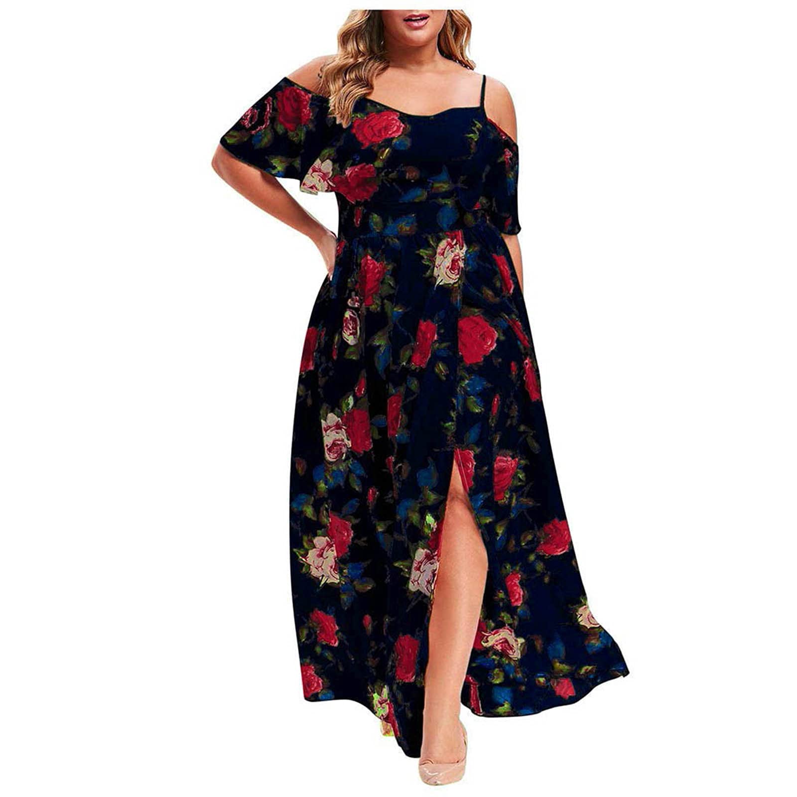 Plus Size Maxi Dress for Women - Floral Summer Long Dress with Sexy Lace Cold Shoulder Design, Loose Flowy Wedding Guest Dress | Perfect for Beach Vacations, Garden Parties & Special Occasions