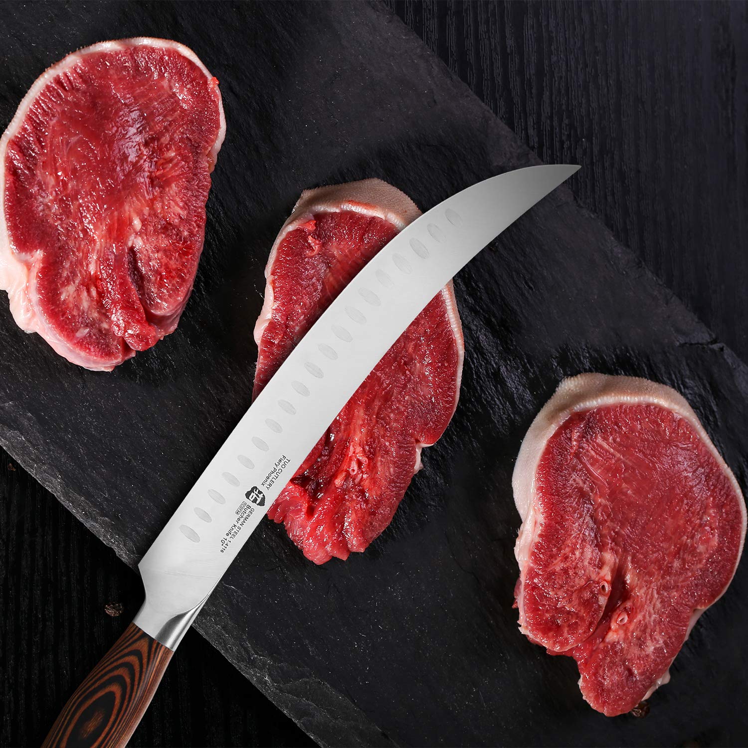TUO Cimitar Butcher Knife - 10 Inch Professional Curved Meat Cleaver for Breaking, Slicing & Carving - German High Carbon Steel Blade with Full Tang Pakkawood Handle - Fiery Series Gift Box (Perfect for Butchers, Chefs & BBQ Enthusiasts)