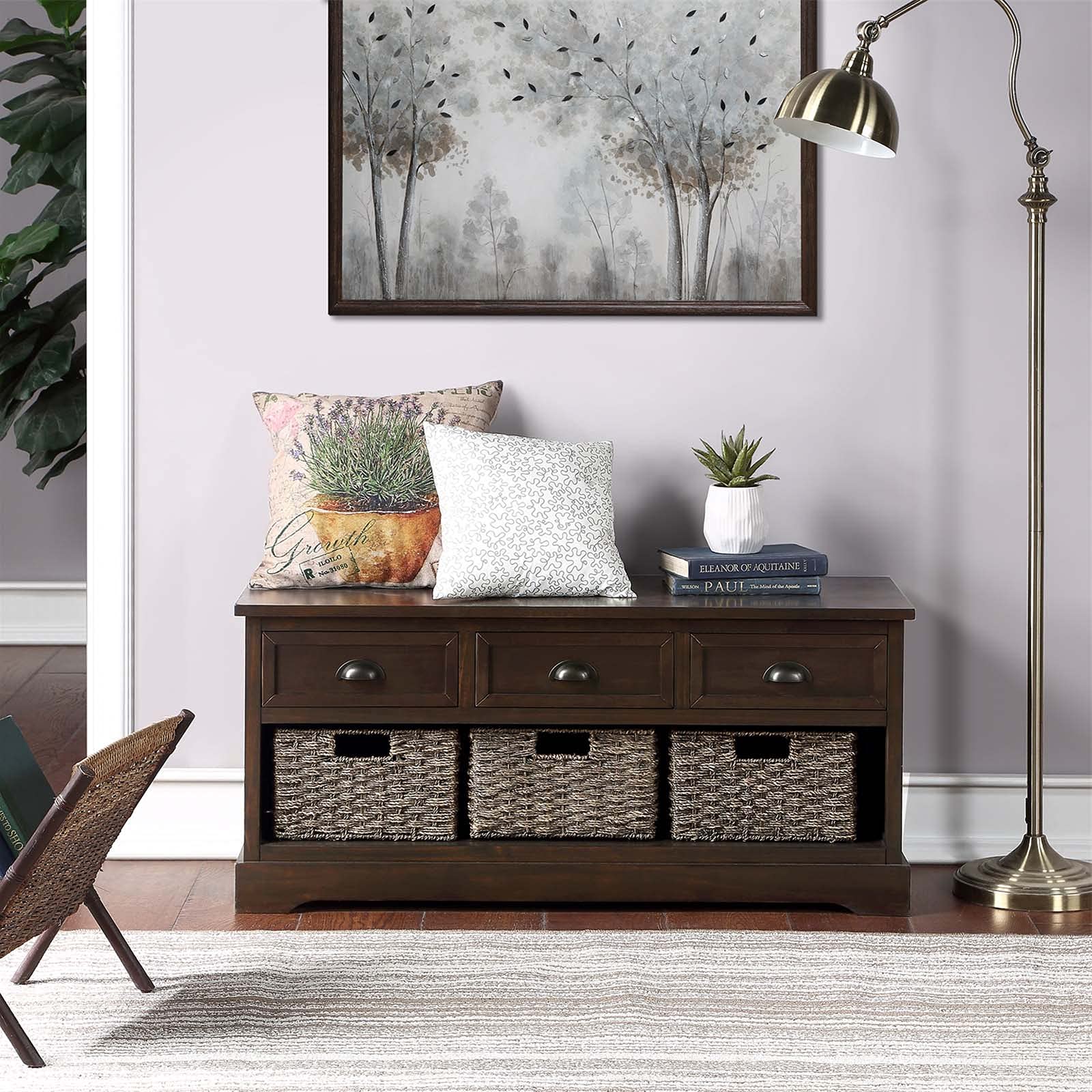 Entryway Storage Bench with 3 Wicker Rattan Baskets & Drawers - Shoe Bench Organizer for Living Room, Bedroom, Hallway - Removable Drawers & Chest Design for Home Organization | Perfect for Small Spaces & Entryway Decor