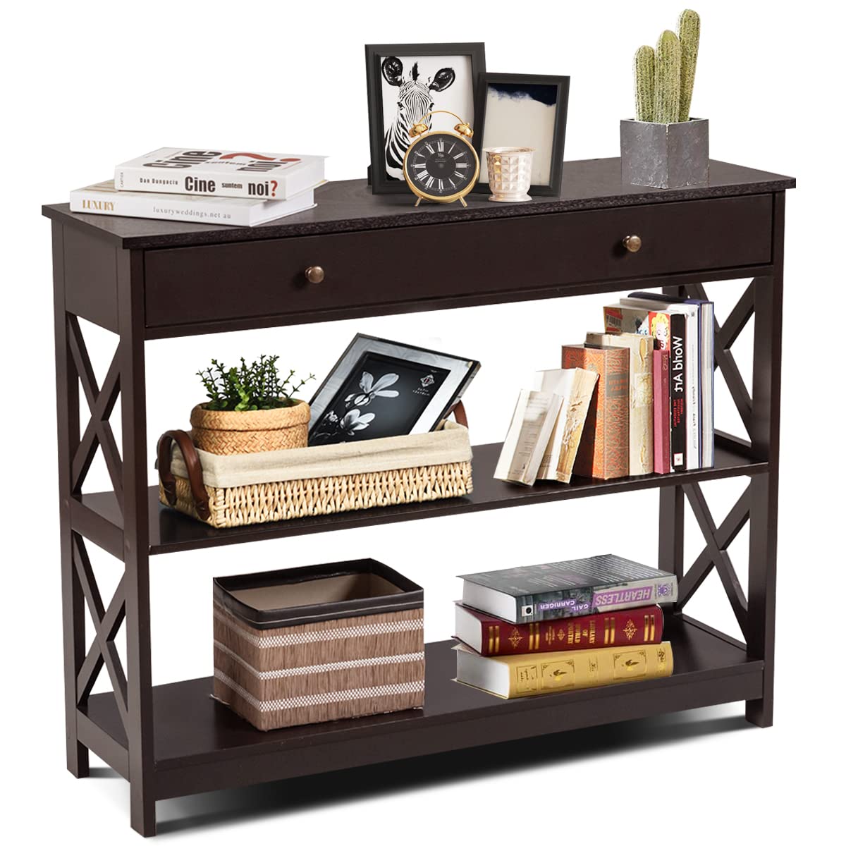 Giantex 3-Tier Console Table with Drawer & Storage Shelves - X-Design Entryway Table for Hallway, Living Room & Bedroom - Sofa Side Table in Espresso Finish | Perfect for Small Space Organization & Home Decor
