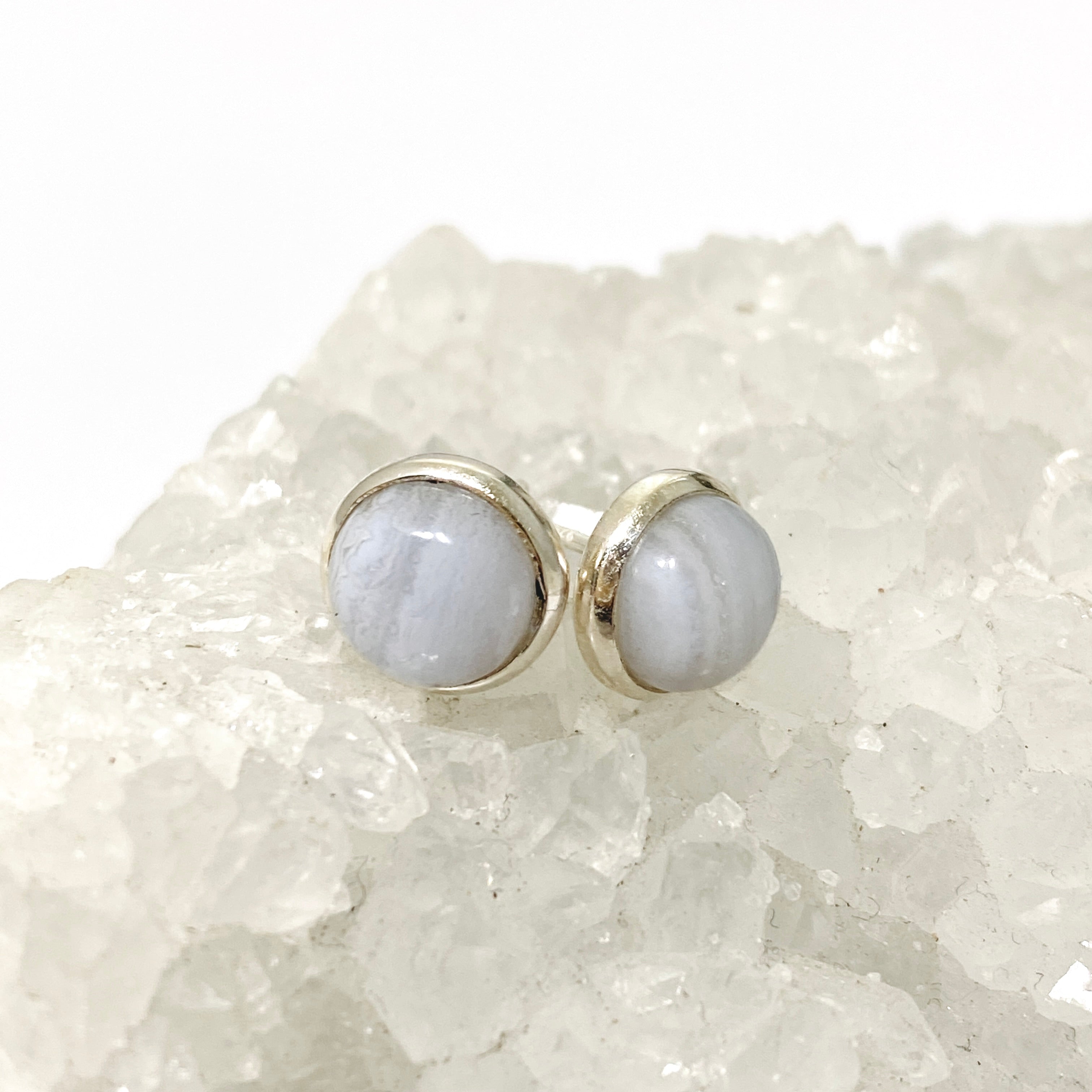 Blue Lace Agate Oval Cabochon Bezel Set Earrings - Natural Stone Jewelry for Women - Perfect for Boho Style & Everyday Wear (PSE031)