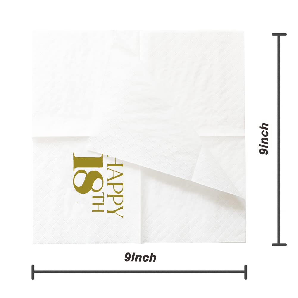 SharkBliss 100-Pack Gold Happy 18th Birthday Cocktail Napkins | 2-Ply 5x5 Disposable Beverage Napkins for His/Her 18th Birthday Party Decorations | Perfect for Adult Milestone Celebrations, Cocktail Receptions & Graduation Parties
