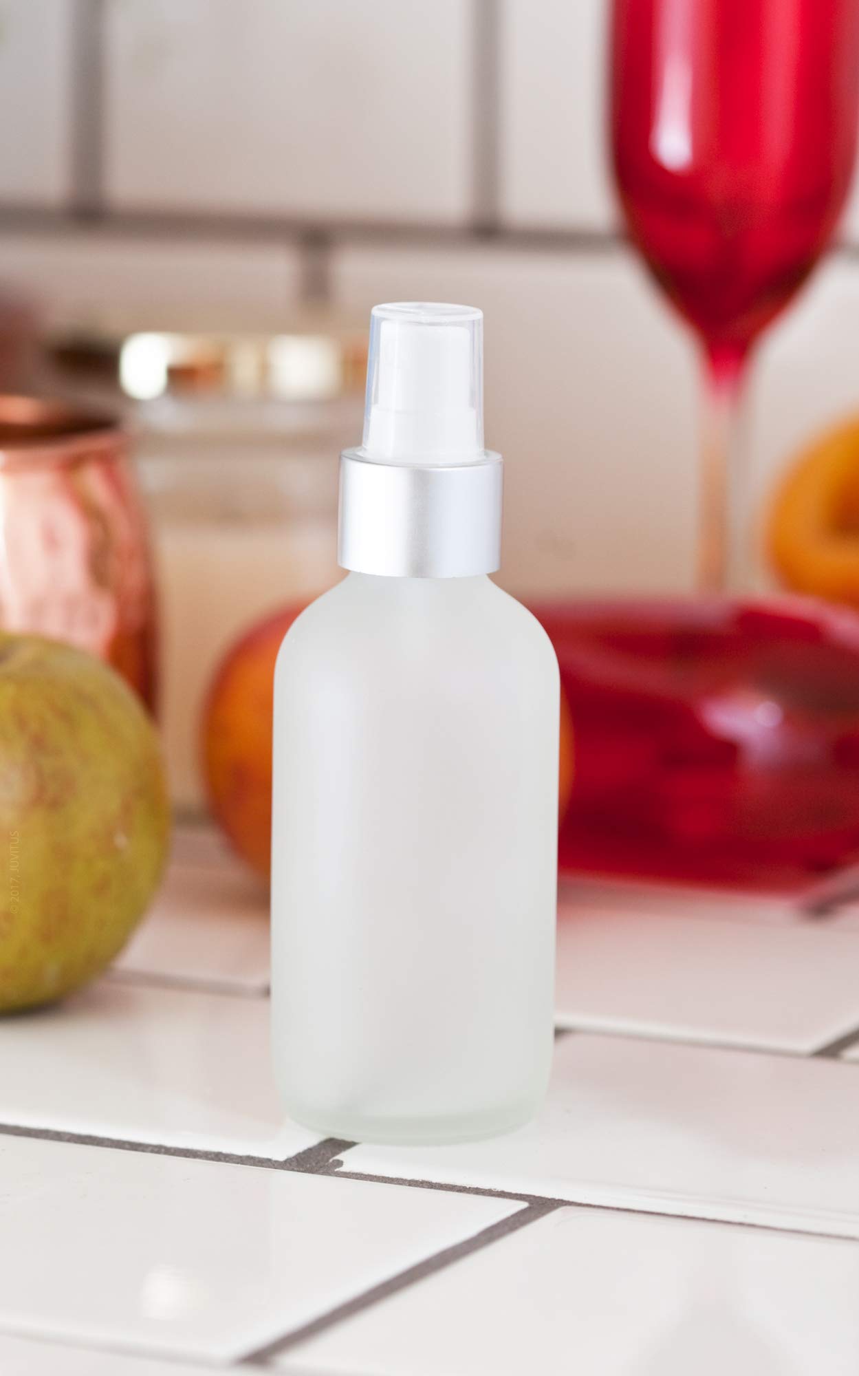 JUVITUS 4 oz Clear Frosted Glass Boston Round Bottle with Silver Fine Mist Spray (6 Pack) + Funnel - Perfect for Essential Oils, Perfumes & DIY Skincare Recipes