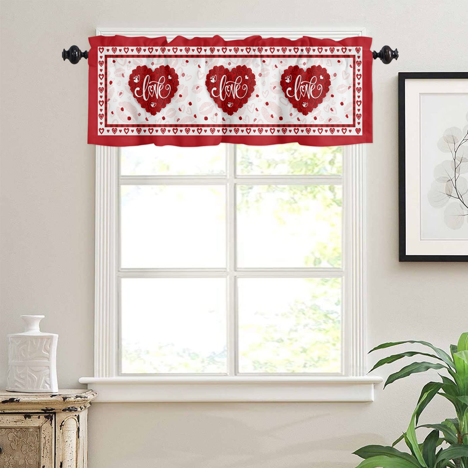 Valentine's Day Red Roses Window Valance - Romantic Love Heart Design with Sexy Red Lips Background - 54