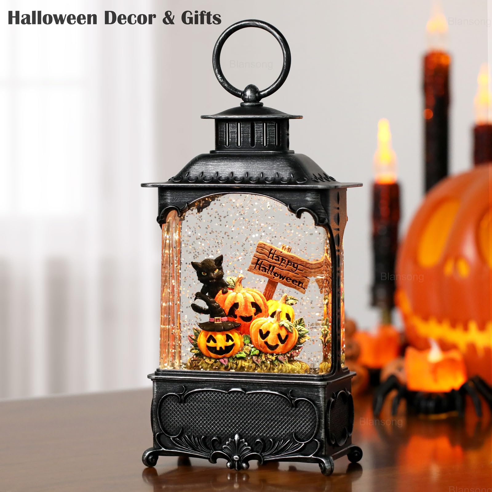 10.2 Inch Christmas Snow Globe Lantern with Timer - USB & Battery Powered Holiday Decor for Home, Office, Party (Pumpkin Cat Design) | Perfect for Christmas Tree, Mantel, Tabletop & Gift Giving