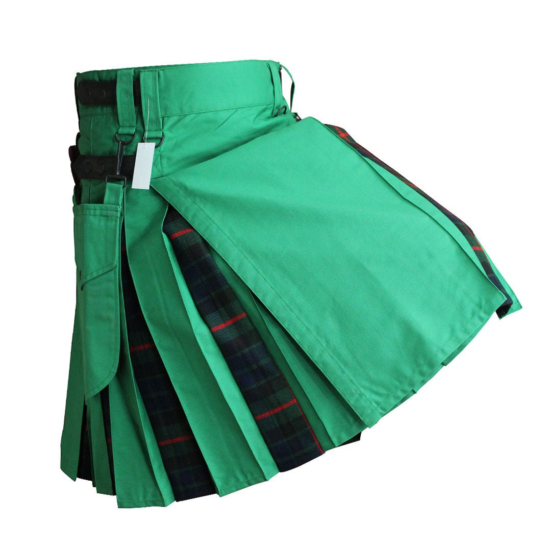 Hybrid Kilt for Men - Green Tartan Plaid Utility Kilt | Perfect for Renaissance Fairs, Scottish Weddings & Outdoor Adventures