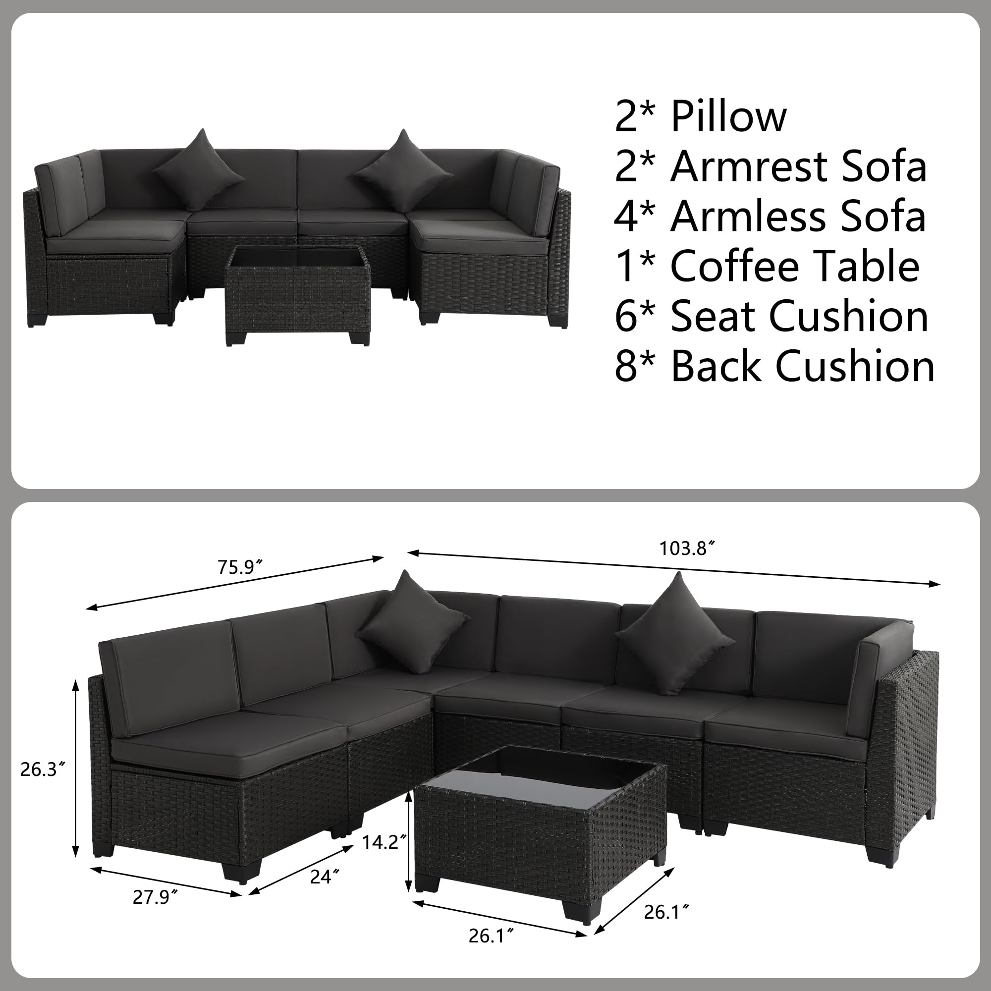 **KIGOTY 7-Piece Modular Outdoor Sectional Sofa Set - All-Weather PE Wicker Patio Furniture with Cushions & Glass Coffee Table (Green Cushions, Gray) - Perfect for Backyard, Poolside, or Garden Relaxation**