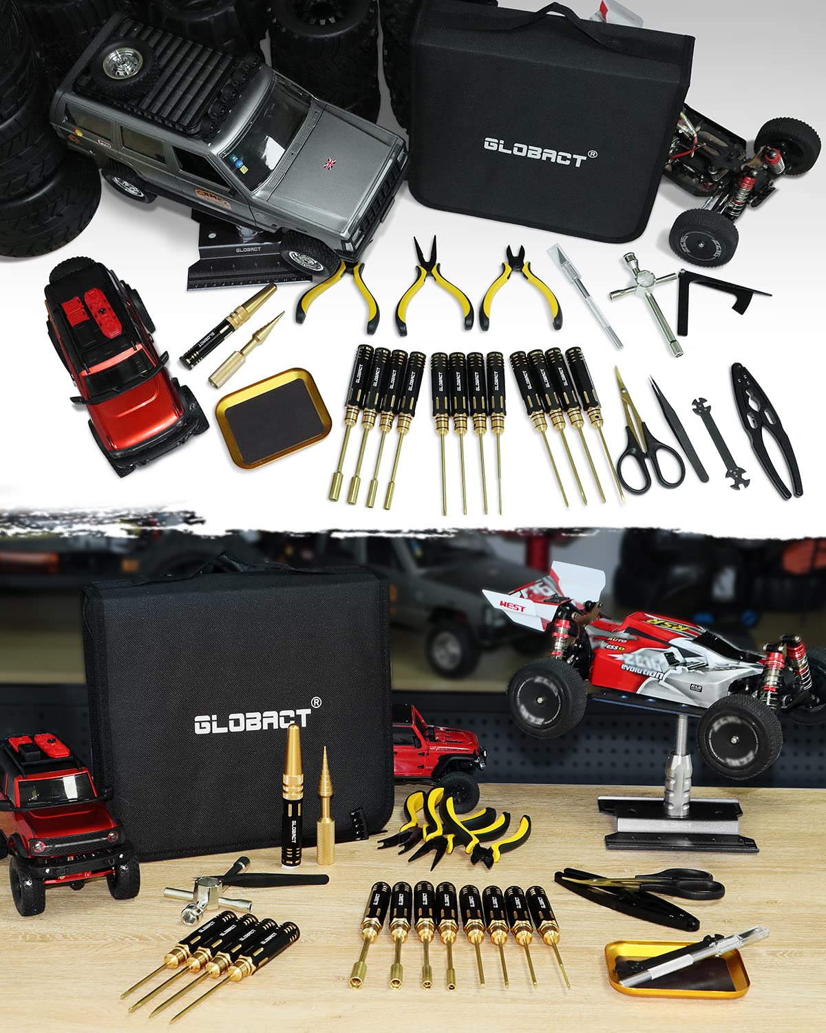 **GLOBACT 26Pcs RC Repair Tool Kit - Hex Driver Set, Screwdriver Kit, Pliers, Wrench, Screw Tray & Body Reamer for 1/8 1/10 RC Cars (Slash, Axial, Arrma, Redcat, Losi) - Perfect for RC Car Maintenance & Upgrades**