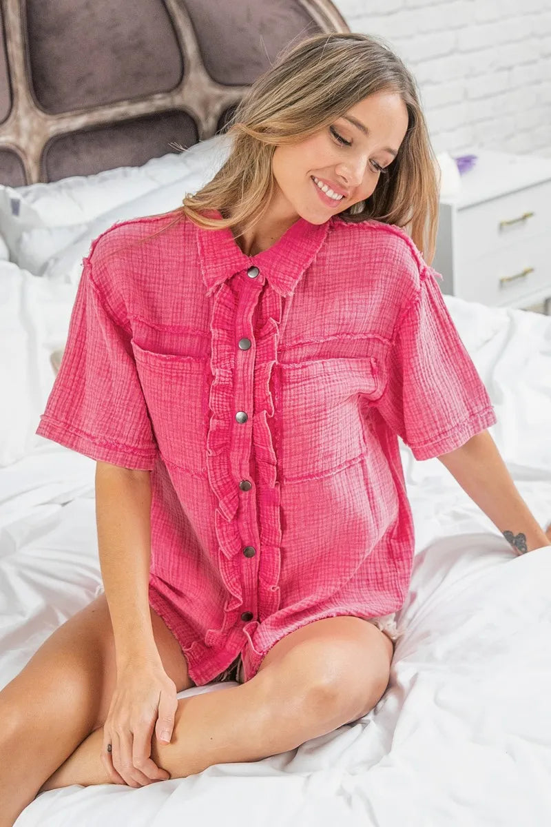 BiBi Mineral Washed Wrinkle Gauze Raw Edge Shirt Top | Women's Boho Chic Blouse | Perfect for Summer Outfits, Beach Cover-ups & Casual Wear
