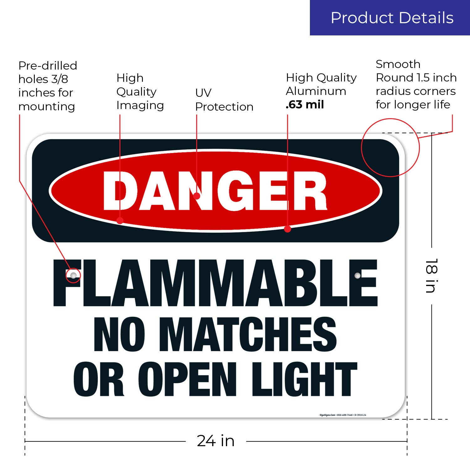 OSHA Approved Flammable No Matches or Open Light Danger Sign - 18x24 Inches Rustproof Aluminum Safety Sign for Indoor/Outdoor Use - Made in USA (Perfect for Chemical Storage, Warehouses & Hazardous Areas)