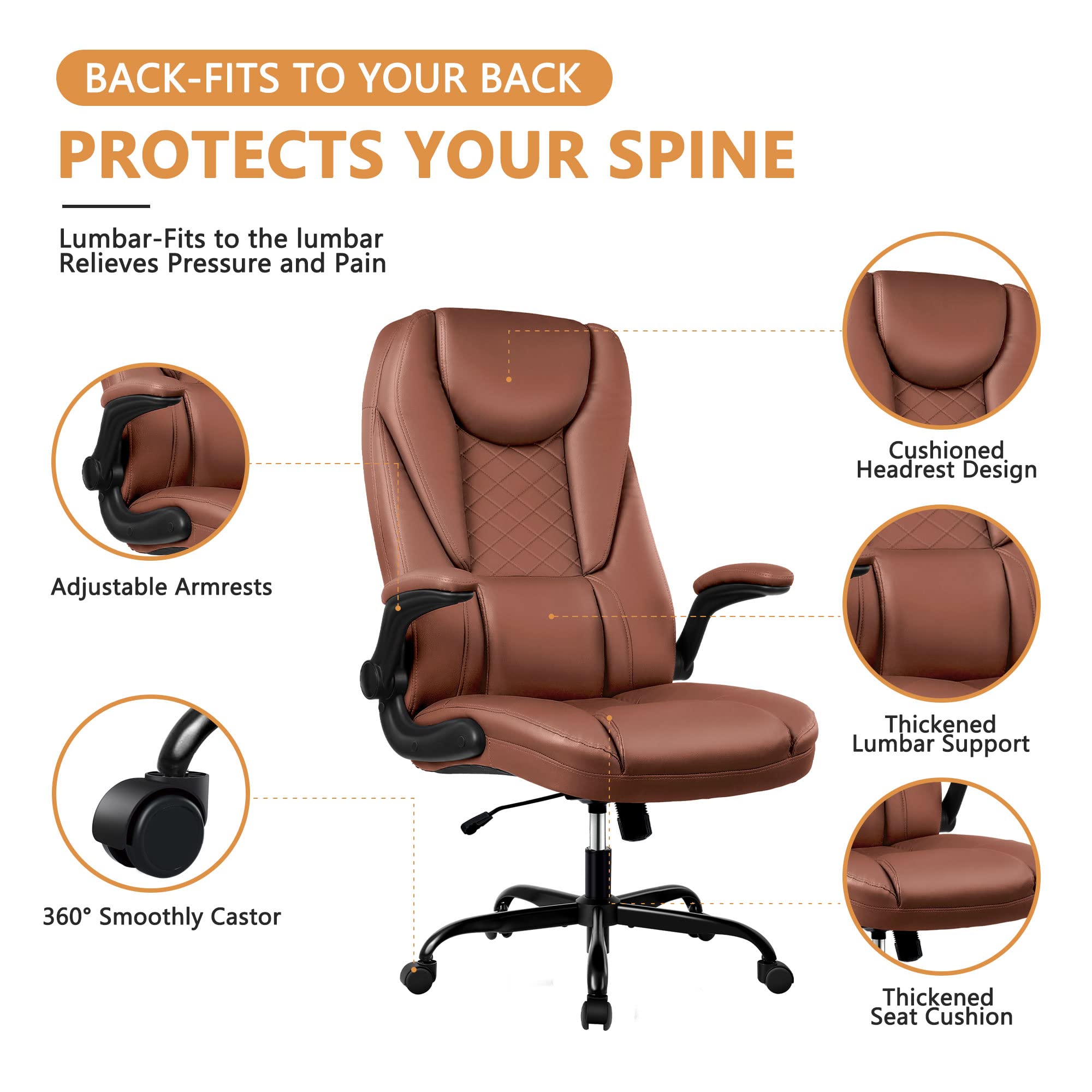 Premium Executive Office Chair - Big and Tall Leather Desk Chair with Flip-Up Arms, High Back & Lumbar Support (Brown) - Ergonomic Comfort for Long Work Hours, Home Office & Conference Rooms