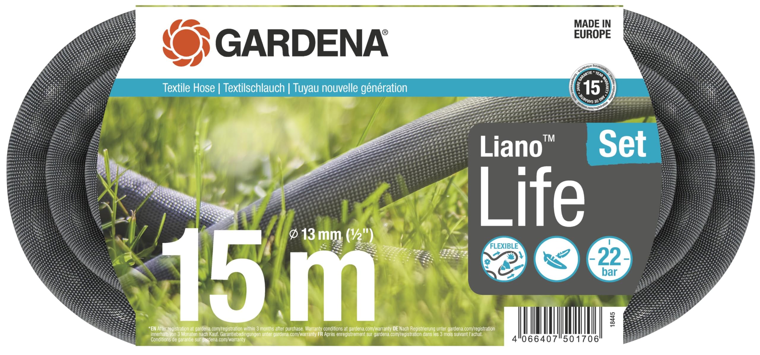 **Gardena Liano Life Textile Hose 1/2 inch, 15m – Flexible & Lightweight Garden Hose with PVC Inner Tube, No Kinking, Weather-Resistant (18445-20) – Perfect for Watering Plants, Lawn Care & Outdoor Cleaning**