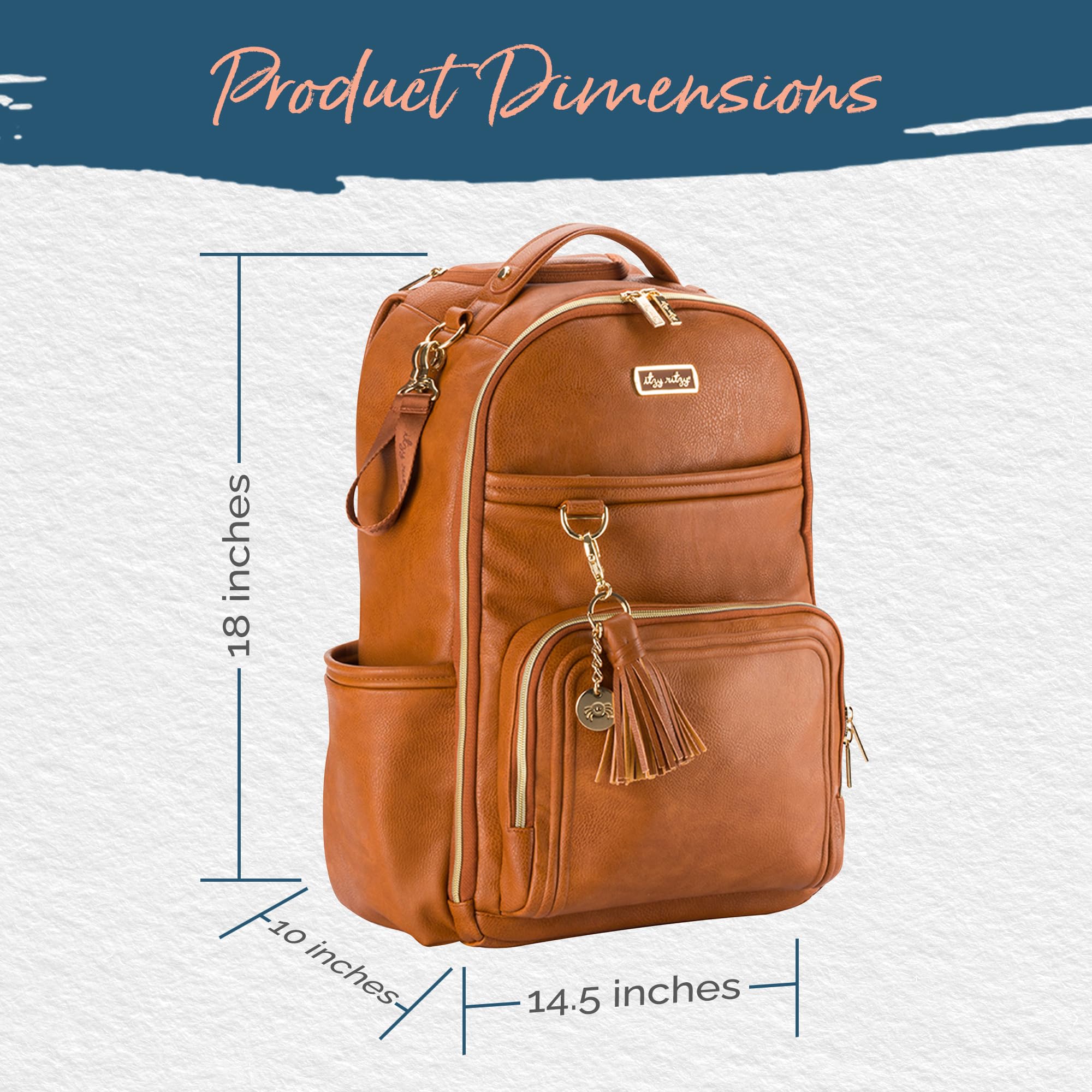 Itzy Ritzy Boss Plus Baby Diaper Backpack – Large Capacity with 19 Pockets, Changing Pad & Stroller Clips | Comfortable Shoulder Straps in Cognac | Perfect for Moms, Dads & Caregivers on the Go