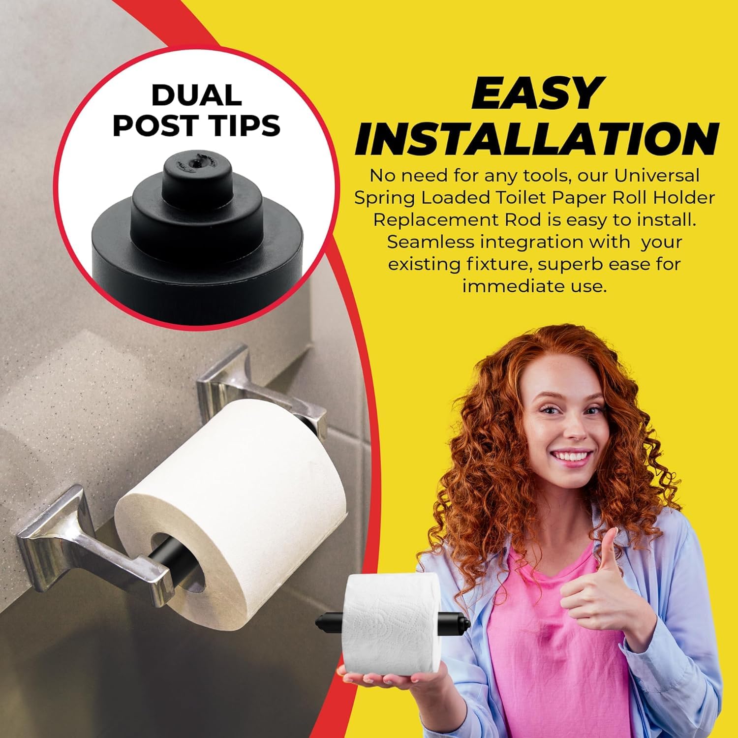 Qualihome Universal Plastic Spring Loaded Toilet Paper Holder Replacement Rod - 1 Pack, Black - Durable Bathroom Accessory for Home, RV & Office Use