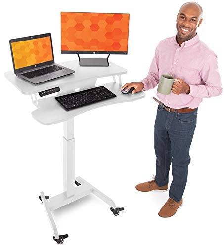 Stand Steady Cruizer Premier Electric Mobile Podium Desk with Keyboard Tray - Adjustable Height Sit Stand Desk with Wheels & Programmable Control Pad - Portable Lectern for Office, Classroom, Conference & Home Use (White)