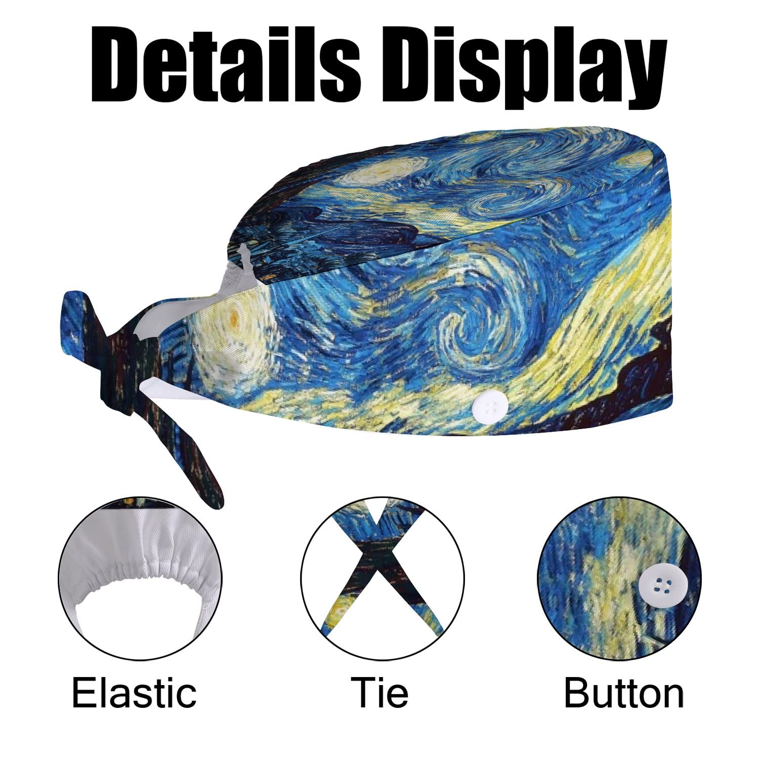 2 Pack Adjustable Tie Back Working Cap with Sweatband - Starry Night Van Gogh Design Unisex Skull Cap for Men & Women - Perfect for Outdoor Work, Hiking & Casual Wear