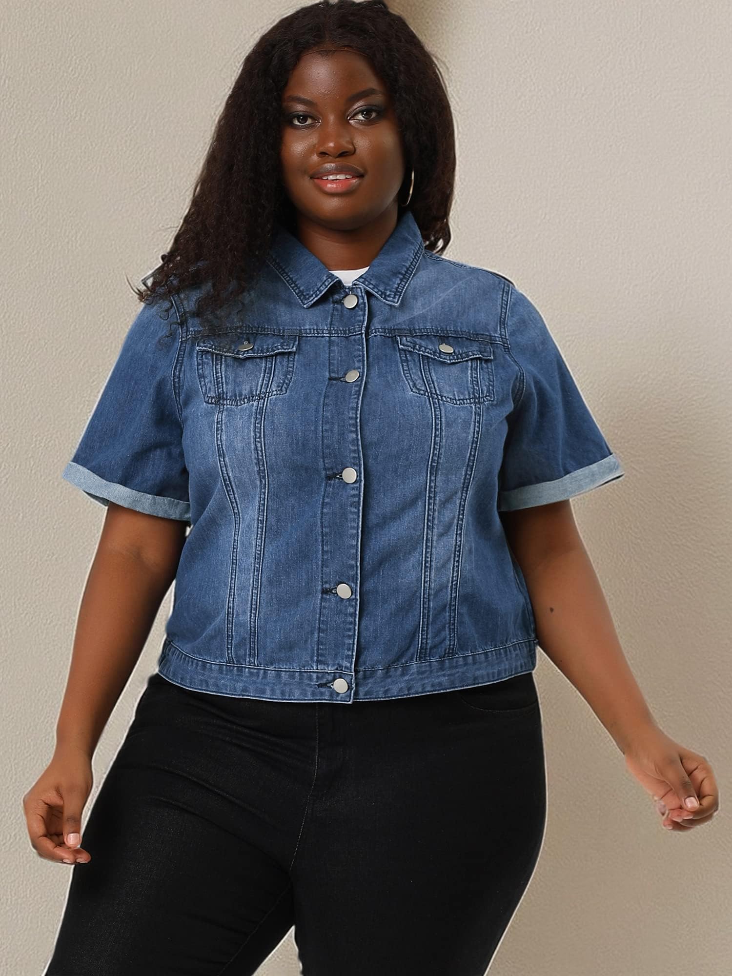 Agnes Orinda Women's Plus Size Denim Jacket - Button Front Work Crop Jean Jacket with Short Sleeves | Trendy 2025 Fashion | Perfect for Casual Outings, Work Wear & Spring Layering