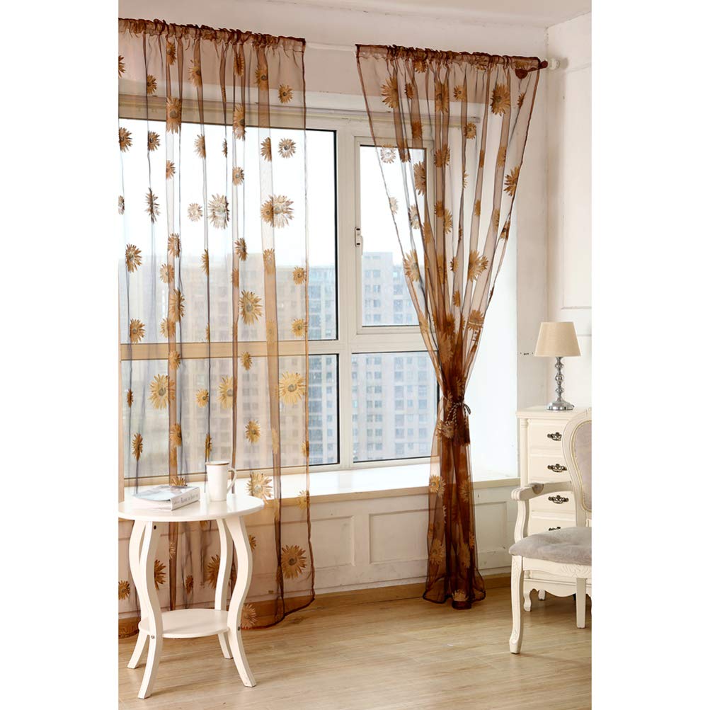 BESPORTBLE Crushed Voile Sheer Curtains - Flax Linen Window Treatments with Sunflower Pattern, Semi-Transparent Tulle Drapes for Living Room & Bedroom (Set of 2 Panels)