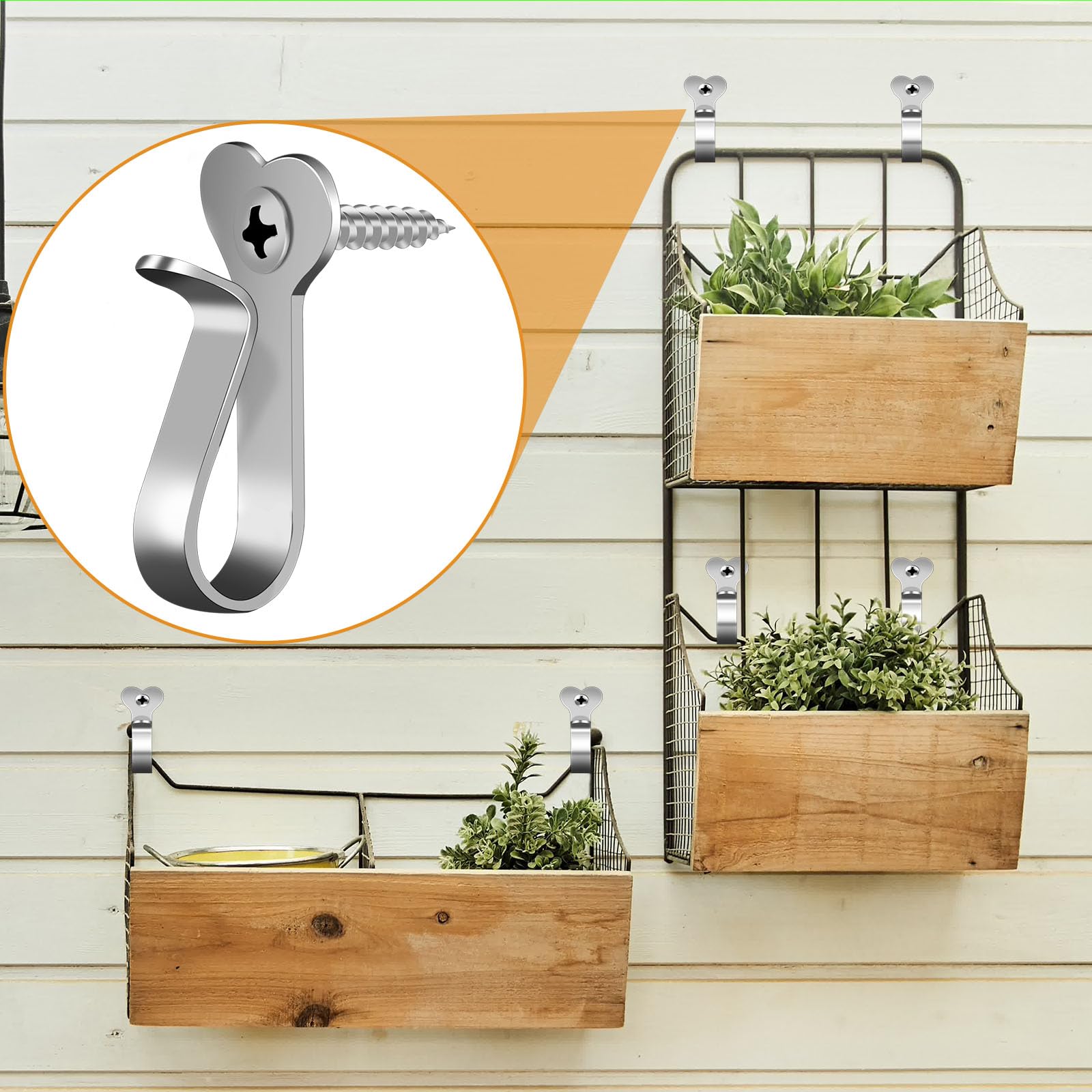 60 Pack Stainless Steel Light Hanger Hooks - Screw-in Hooks for Outdoor Holiday Lights, LED String Lights, Plants & Wires - Durable Wall Hooks for Christmas Decorations, Garden & Home Organization (Silver)