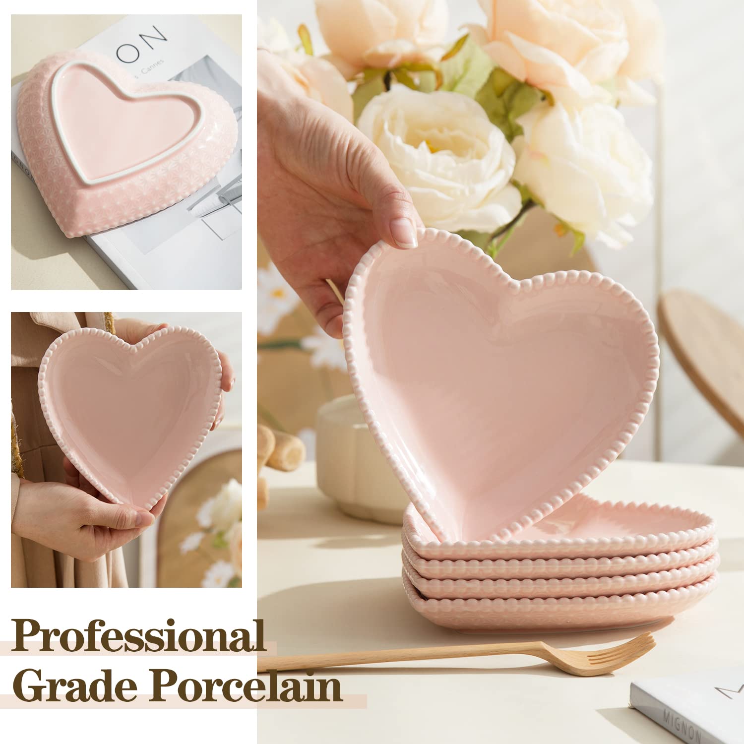 6.3 Inch Heart-Shaped Porcelain Appetizer Plates Set of 10 - Microwave & Dishwasher Safe Small Dinner Plates for Dessert, Salad, Cake, Snack, Ice Cream & Waffles - Perfect for Valentine's Day, Bridal Showers, Tea Parties & Romantic Dinners