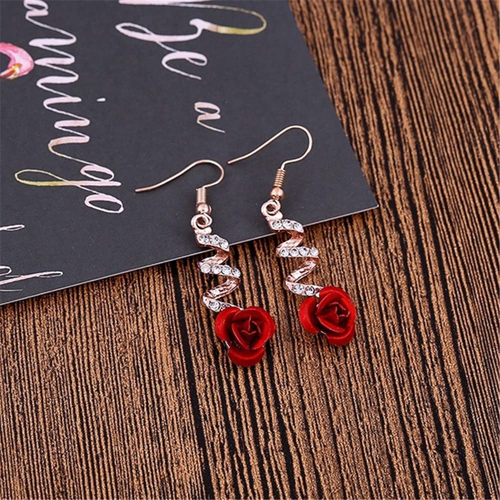 Elegant Vintage Rose Gold Spiral Dangle Earrings with Rhinestones - Romantic Red Rose Drop Earrings for Women | Perfect for Weddings, Date Nights & Special Occasions