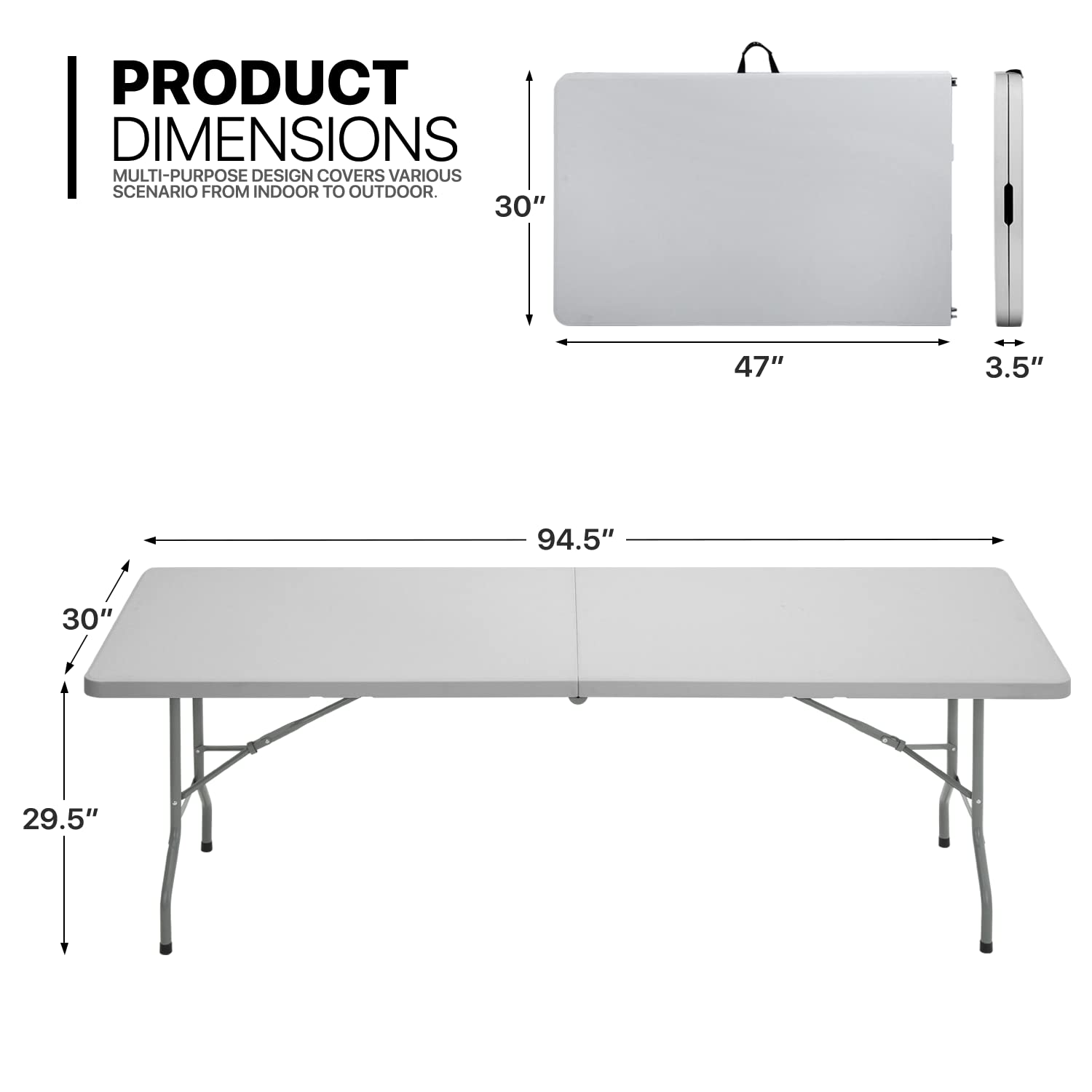MoNiBloom 8Ft Folding Heavy Duty Utility Table - Indoor Outdoor Portable Plastic Table with Steel Legs & Handle for Wedding, Event, Picnic, Camping, BBQ - Gray