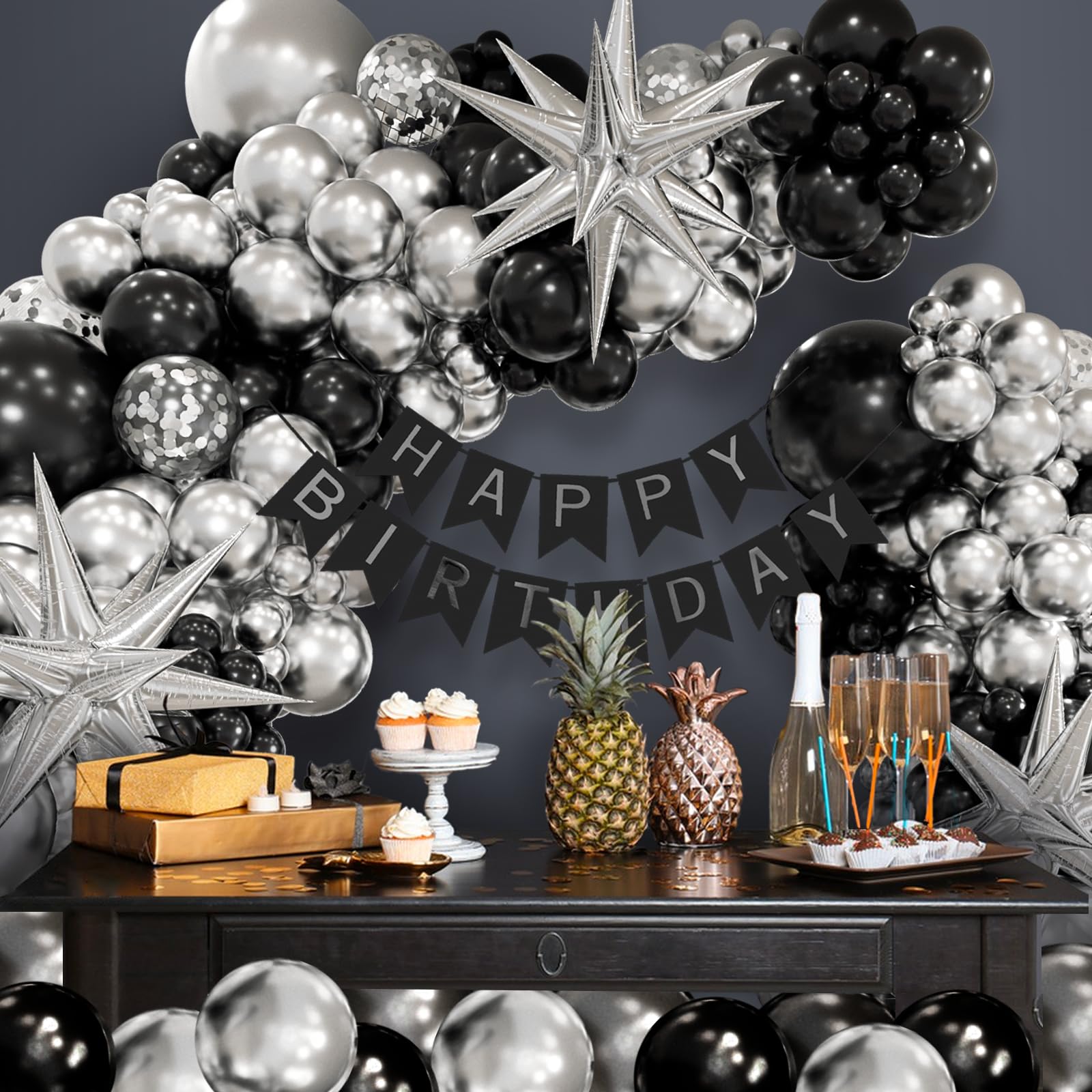 FOTIOMRG Black & Silver Balloon Garland Arch Kit - 3pcs Star Balloons Included | Metallic Party Decor for Birthday, Graduation, Baby Shower, Disco & New Year Celebrations | Perfect for Indoor & Outdoor Event Decorations