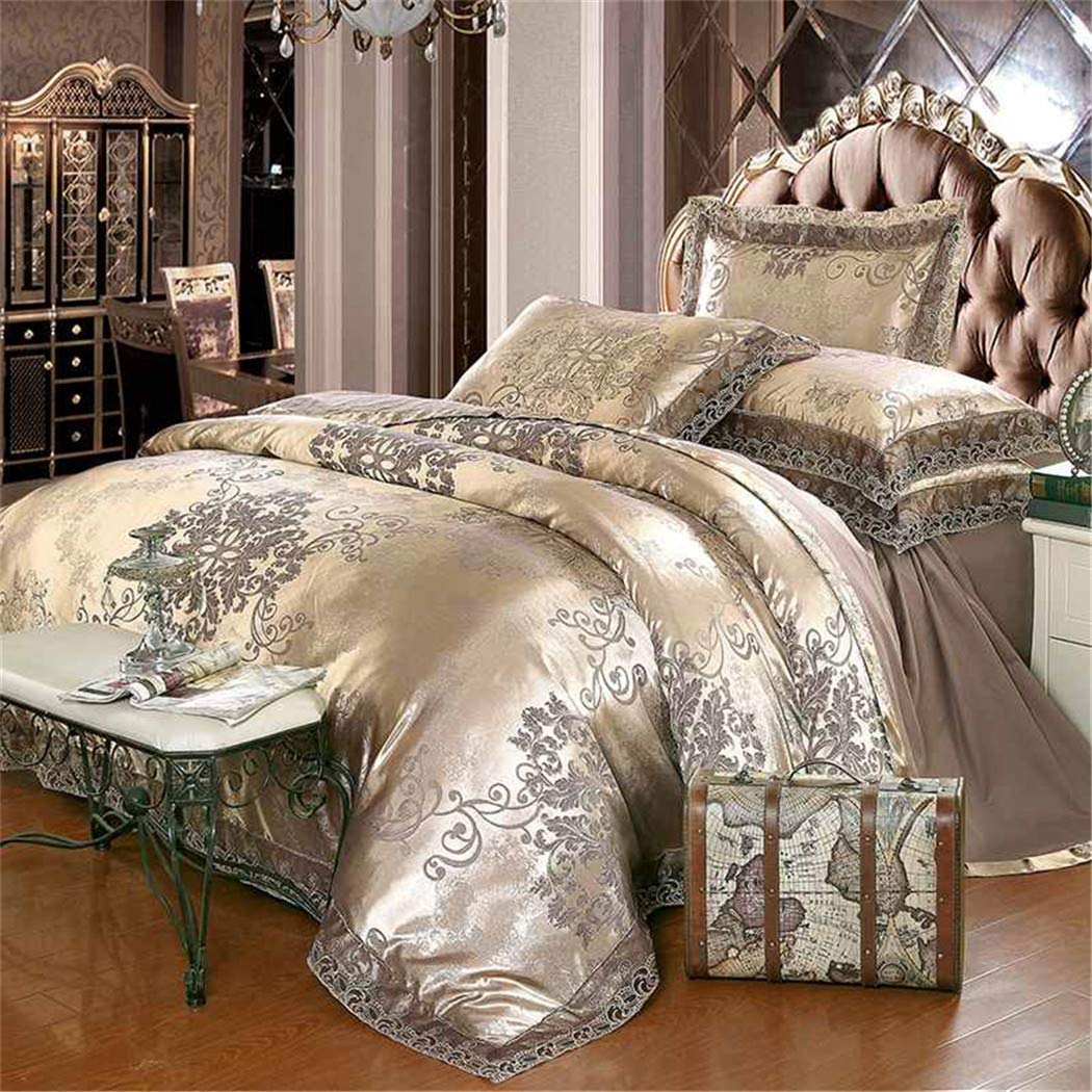 Luxury Jacquard Satin Bedding Set 4-Piece - King/Queen Size Lace Trim Tencel Duvet Cover with Pillowcases - Soft Breathable Bed Sheets for Master Bedroom, Guest Room & Hotel Use