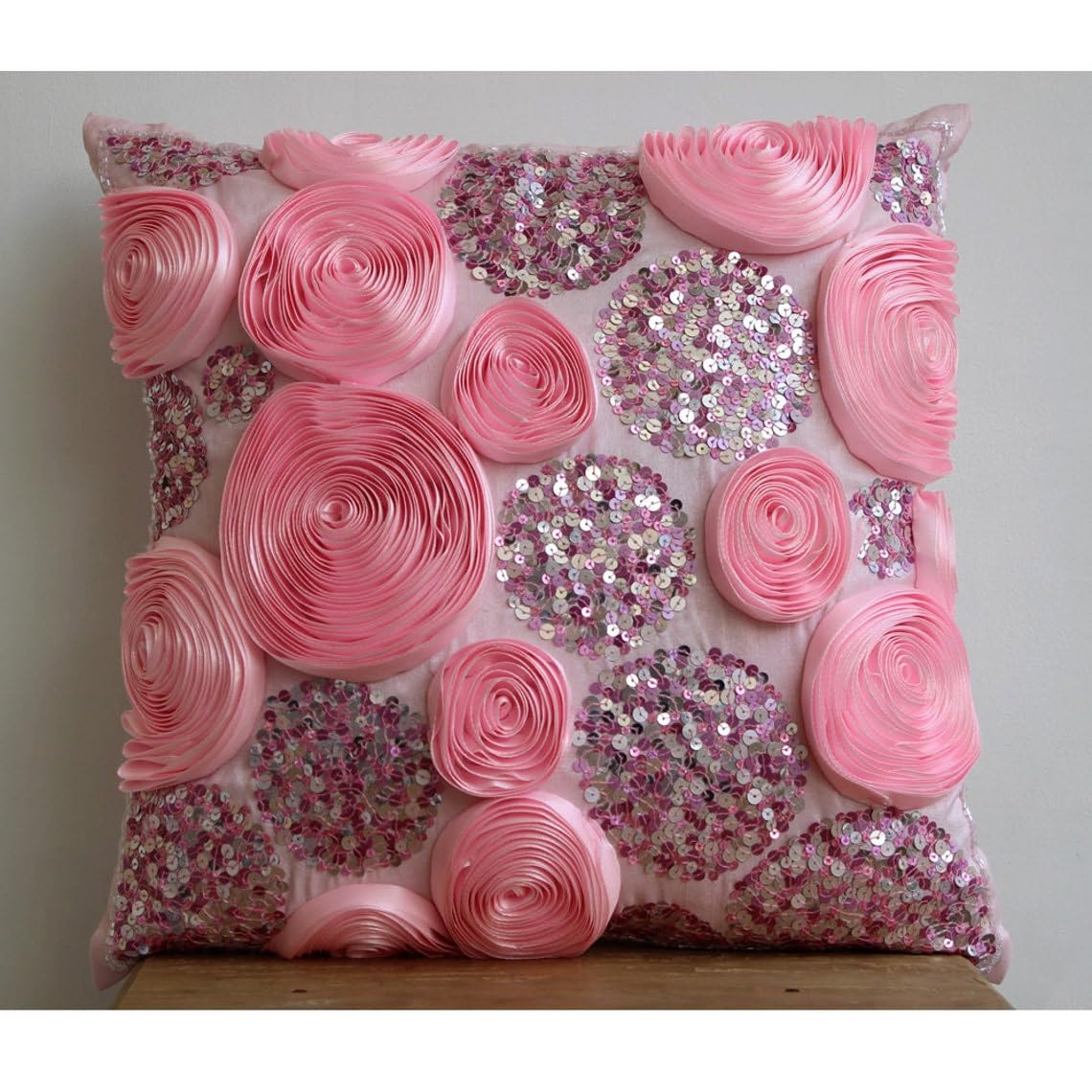 Luxury Pink Silk Euro Pillow Sham 26x26 Inch (65x65 cm) - Floral Roses & Ribbon Embroidery Modern European Pillow Cover for Bedroom Decor, Sofa Throw Pillow, Living Room Accent - Sweet Kisses Design