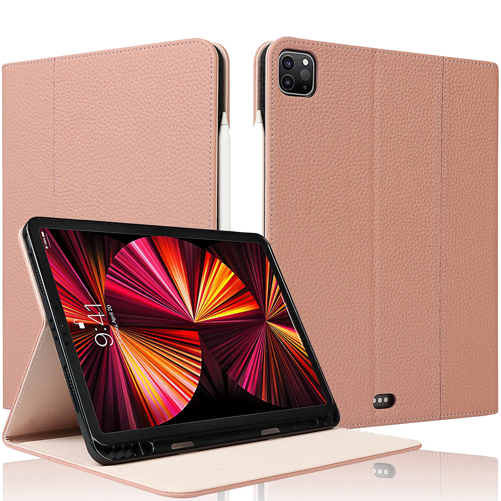 Premium Genuine Cow Leather iPad Pro 11 Case (2021, 3rd Gen) with Pencil Holder - Auto Sleep/Wake, Flip Stand & Shockproof Protection - Luxury Pink Cover for Work, Travel & Daily Use