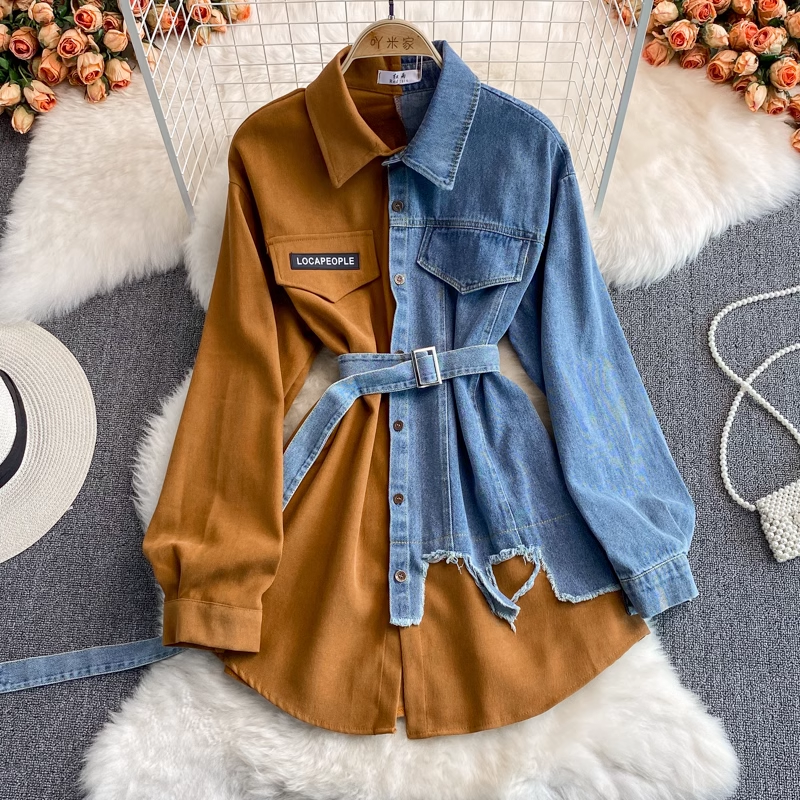 Korean Style Denim Stitching Dress - Mid Length Irregular Hem Shirt for Women | Fall Winter Fashion | Perfect for Casual Outings, Office Wear & Date Nights