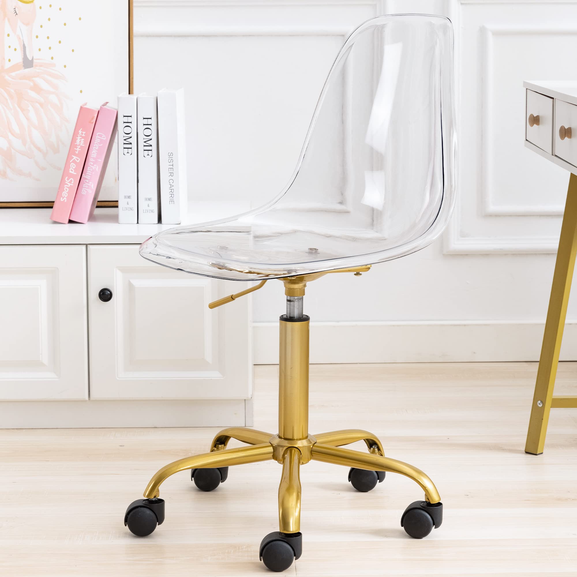 Acrylic Clear Desk Chair with Rolling Wheels & Swivel Base - Height Adjustable Armless Ghost Chair with Golden Feet for Home Office, Vanity, or Study Room