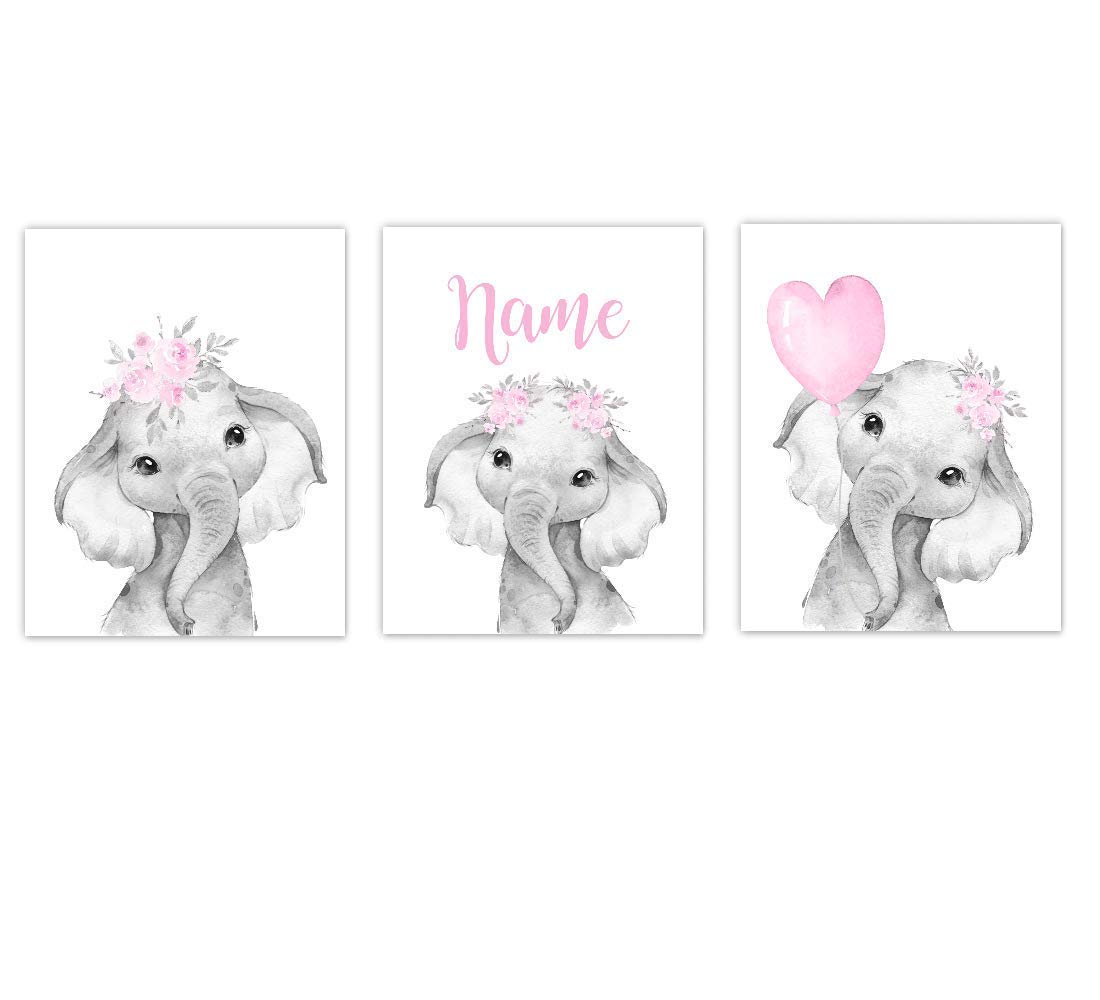 Personalized Baby Girl Nursery Art - Pink Elephants & Watercolor Flowers - Wall Decor for Kids' Room