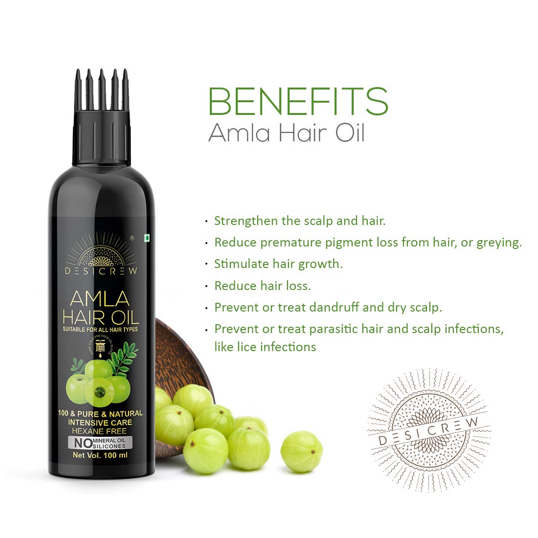 Desicrew Amla Hair Oil with Comb Applicator - Cold Pressed 100% Natural Hair Growth Treatment for Healthy, Voluminous & Smooth Hair - 2 Pack (200ml Total) - Perfect for Daily Hair Care & Scalp Massage